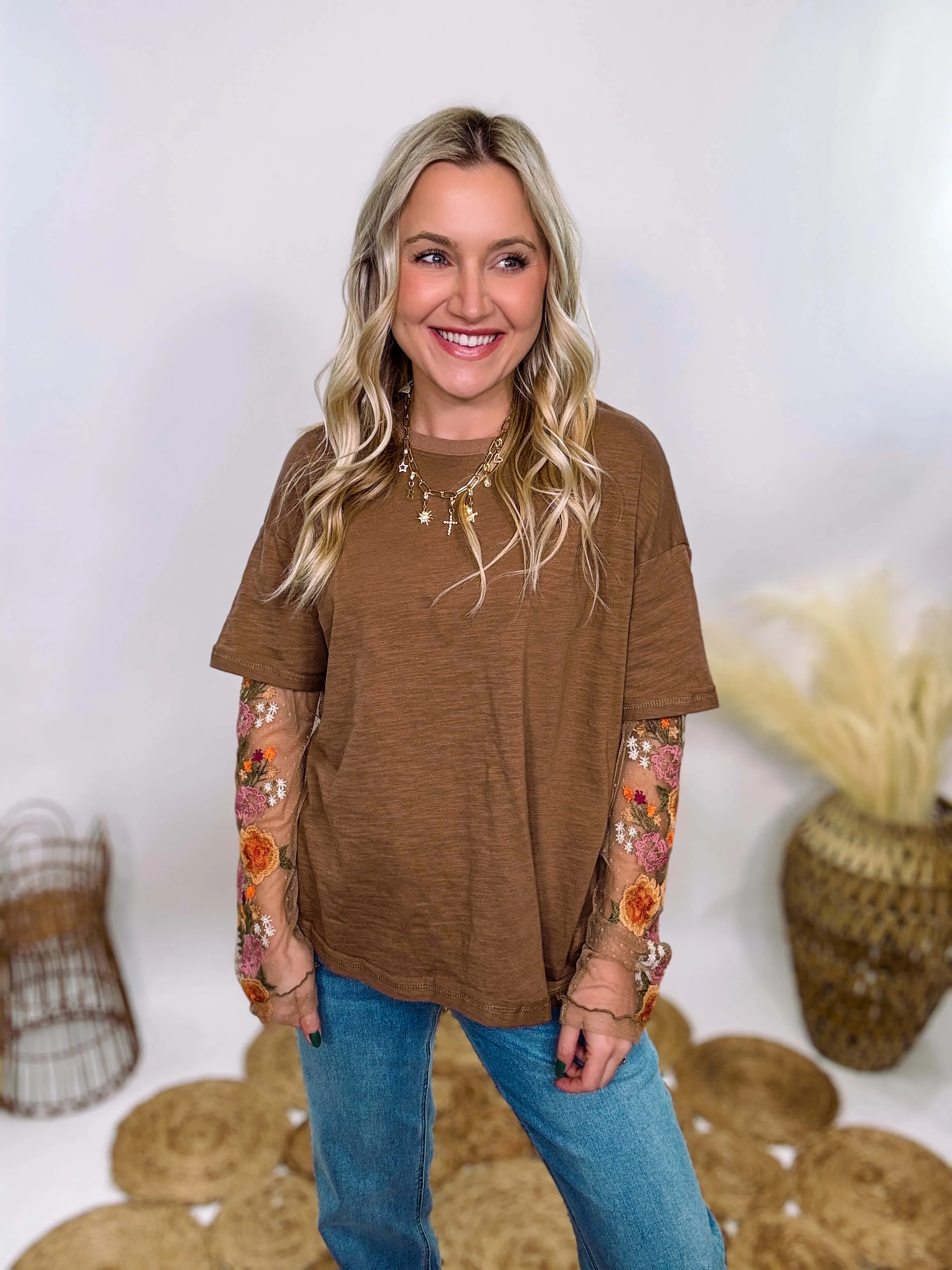 Mushroom Brown Oversized Tee with Layered Sheer Embroidered Floral Lace Mesh Sleeves