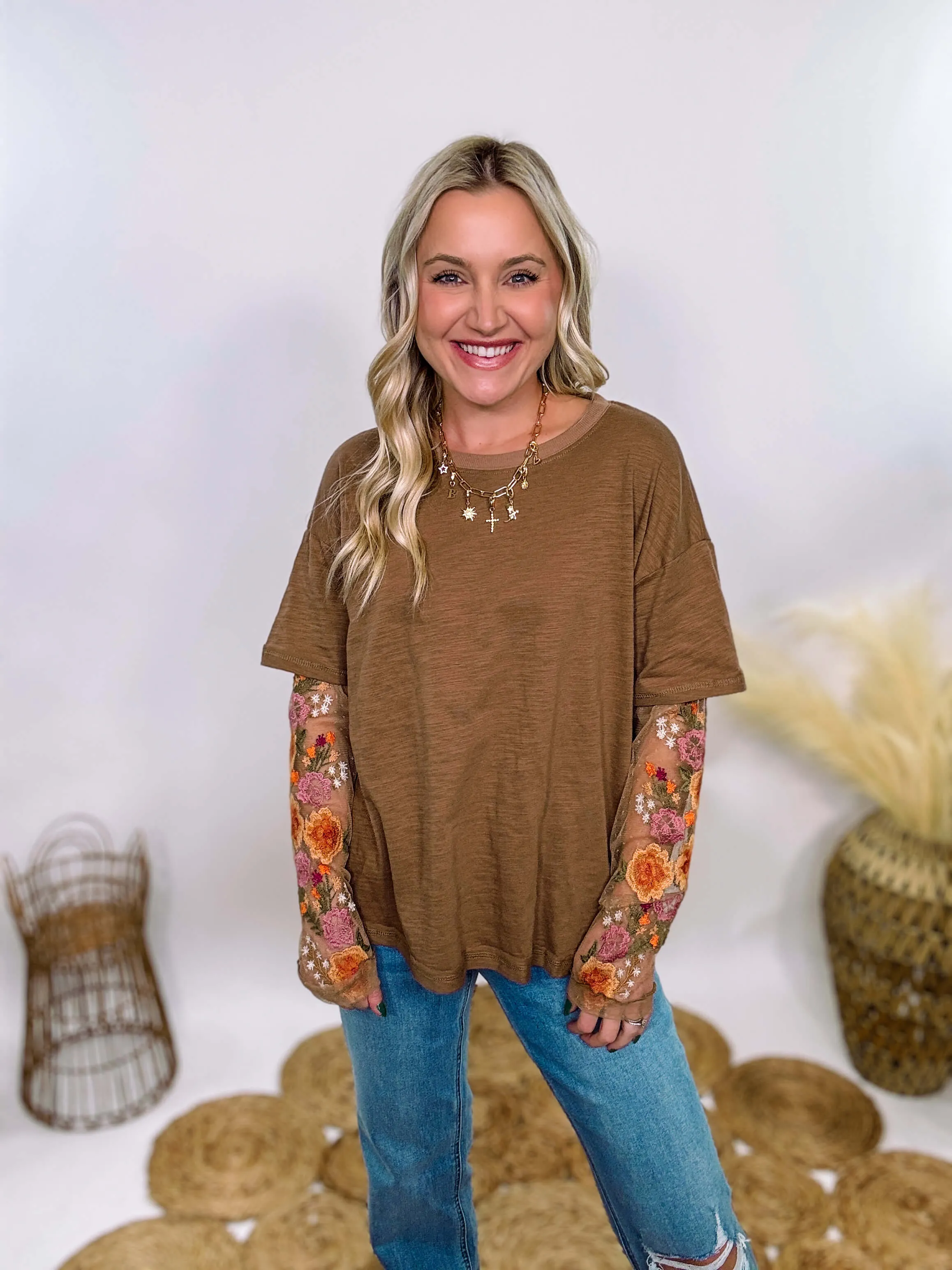 Mushroom Brown Oversized Tee with Layered Sheer Embroidered Floral Lace Mesh Sleeves