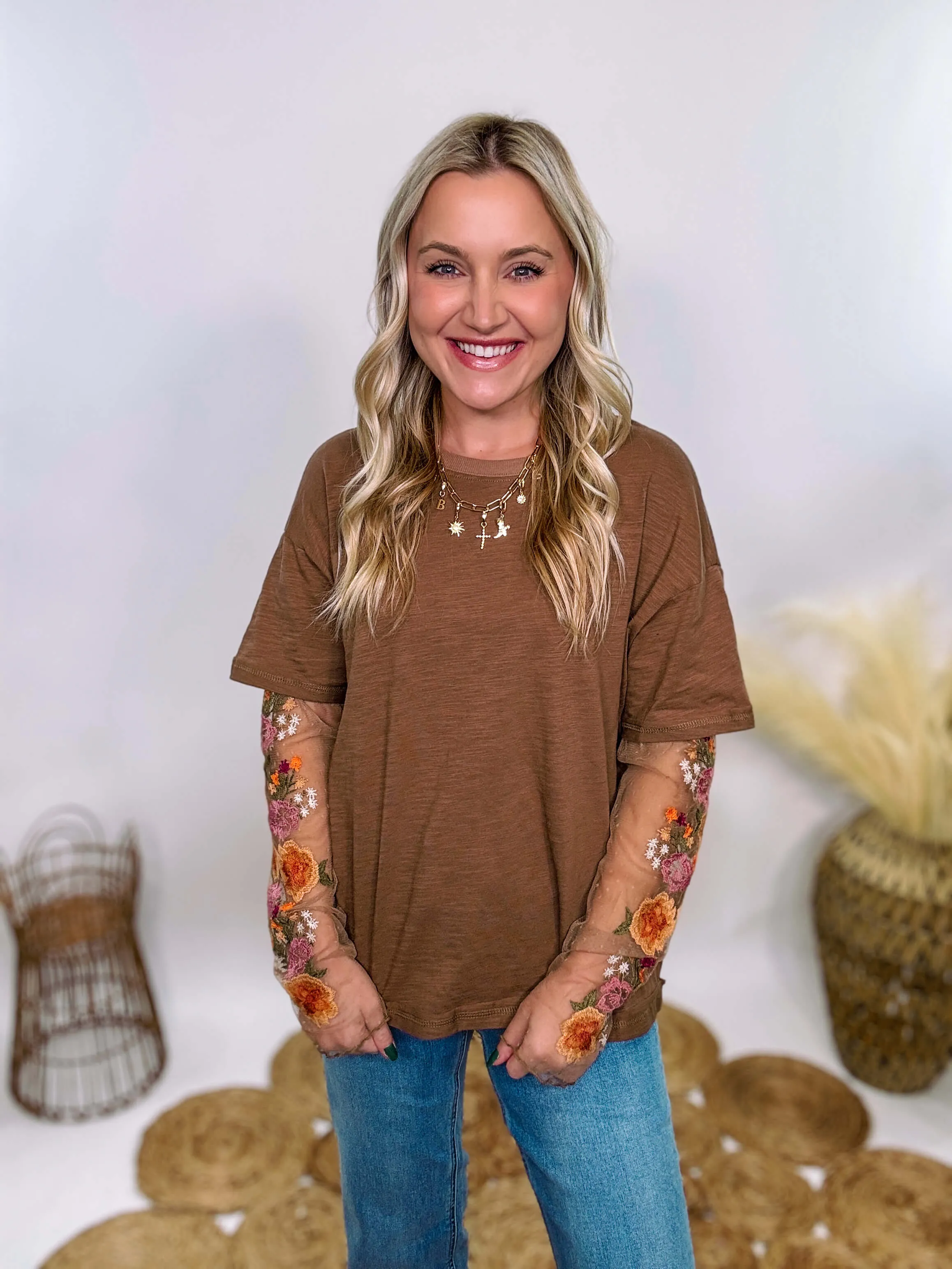 Mushroom Brown Oversized Tee with Layered Sheer Embroidered Floral Lace Mesh Sleeves