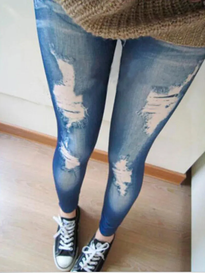 New Black/Blue Leggings Women Fashions Destroyed Leggings Jeans Look Jeggings Stretch Skinny Laddy Jeans