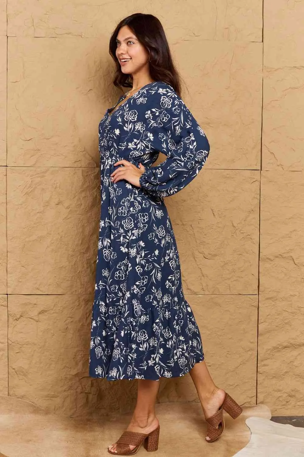 Night Out Full Size Balloon Sleeve Floral Midi Dress