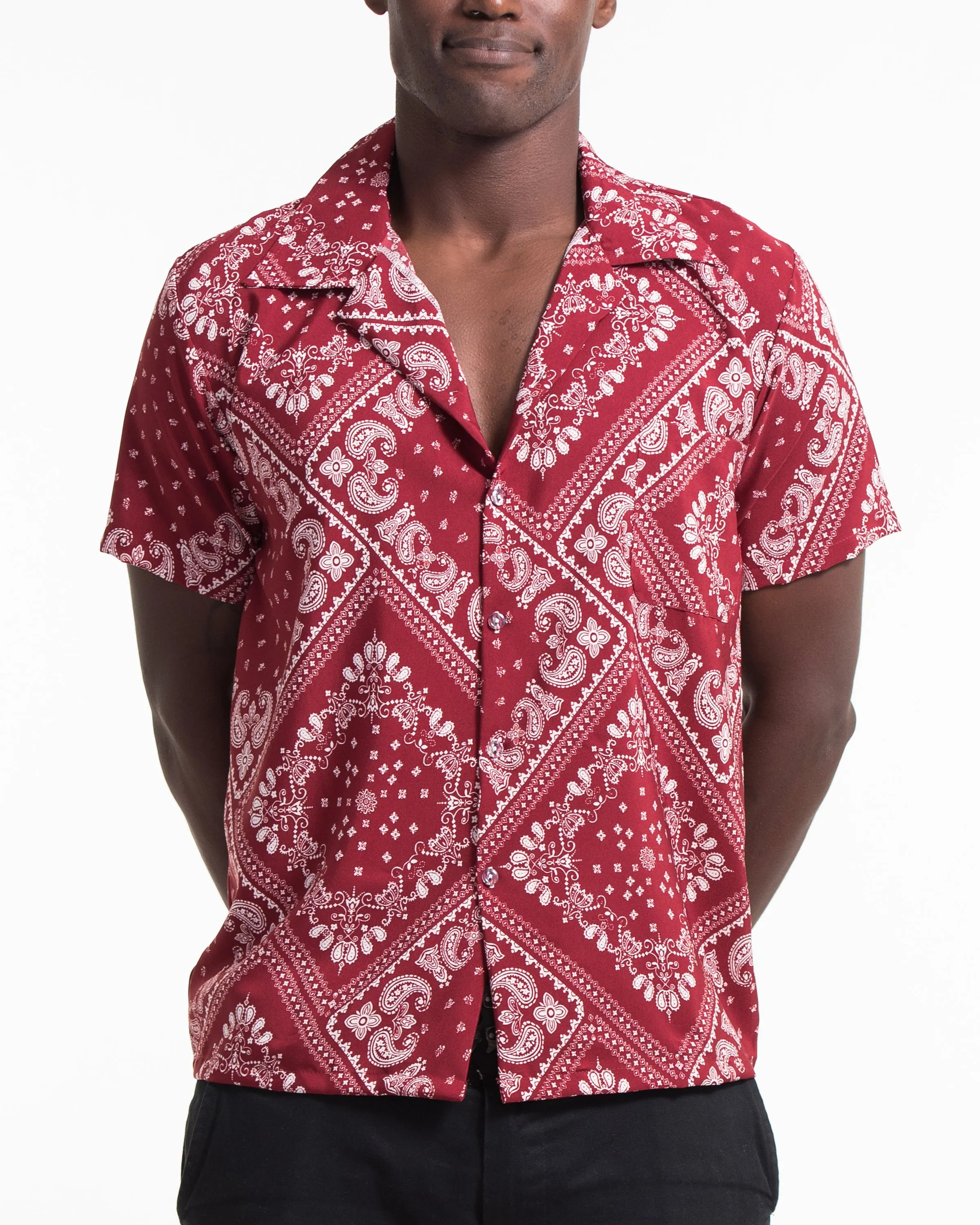 Patchwork Paisley Short Sleeve Button Shirt in Red