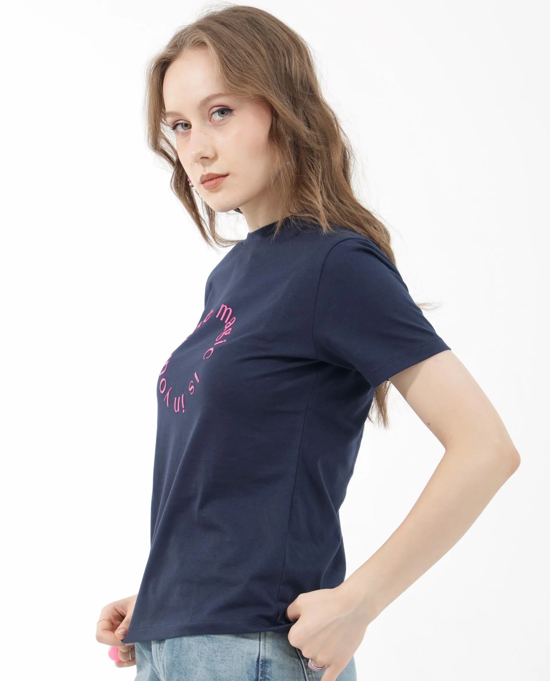 Rareism Women Karlie Dark Navy Cotton Poly Fabric Short Sleeve Crew Neck Solid T-Shirt