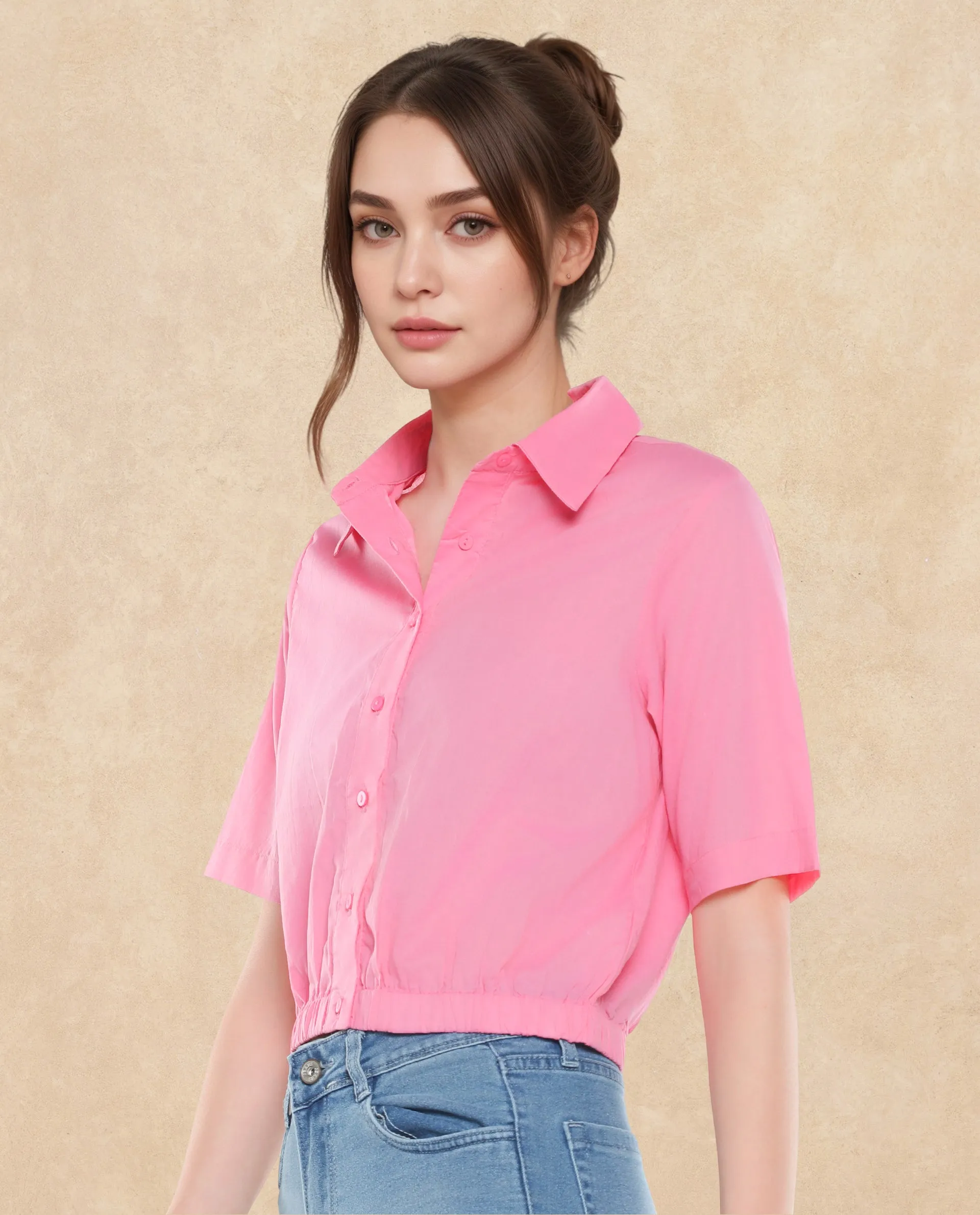 Rareism Women Lakeavi Pink Short Sleeve Collared Neck Button Closure Cropped Plain Top