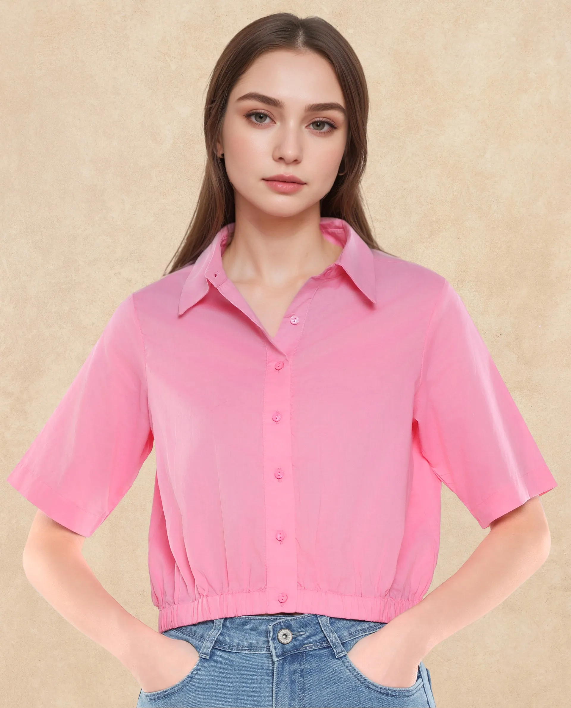 Rareism Women Lakeavi Pink Short Sleeve Collared Neck Button Closure Cropped Plain Top