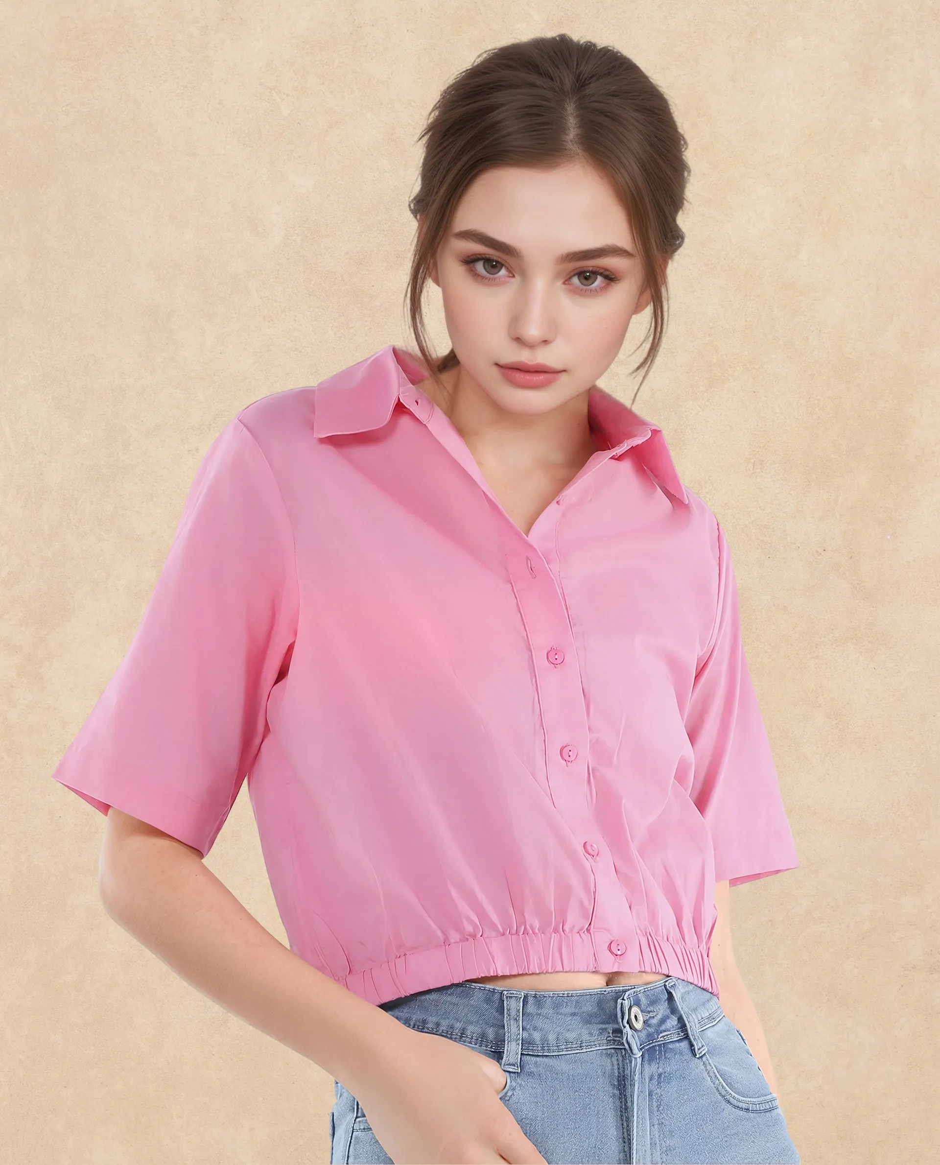 Rareism Women Lakeavi Pink Short Sleeve Collared Neck Button Closure Cropped Plain Top