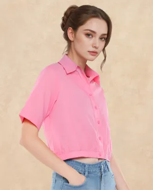 Rareism Women Lakeavi Pink Short Sleeve Collared Neck Button Closure Cropped Plain Top