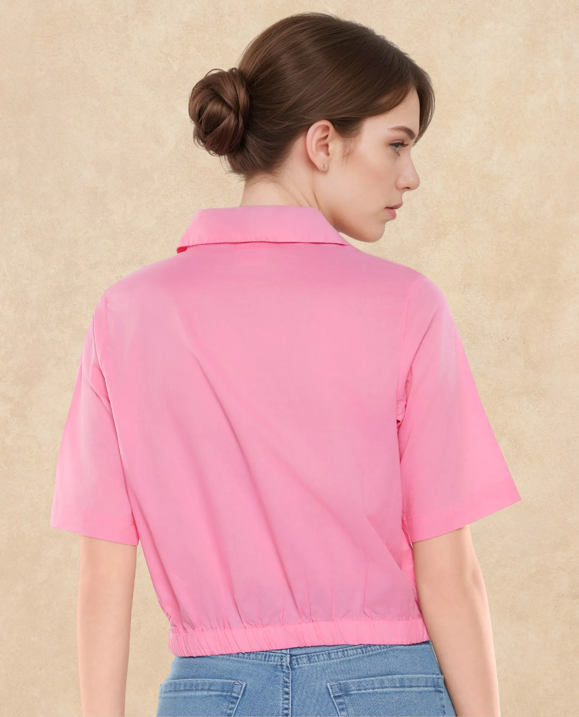 Rareism Women Lakeavi Pink Short Sleeve Collared Neck Button Closure Cropped Plain Top