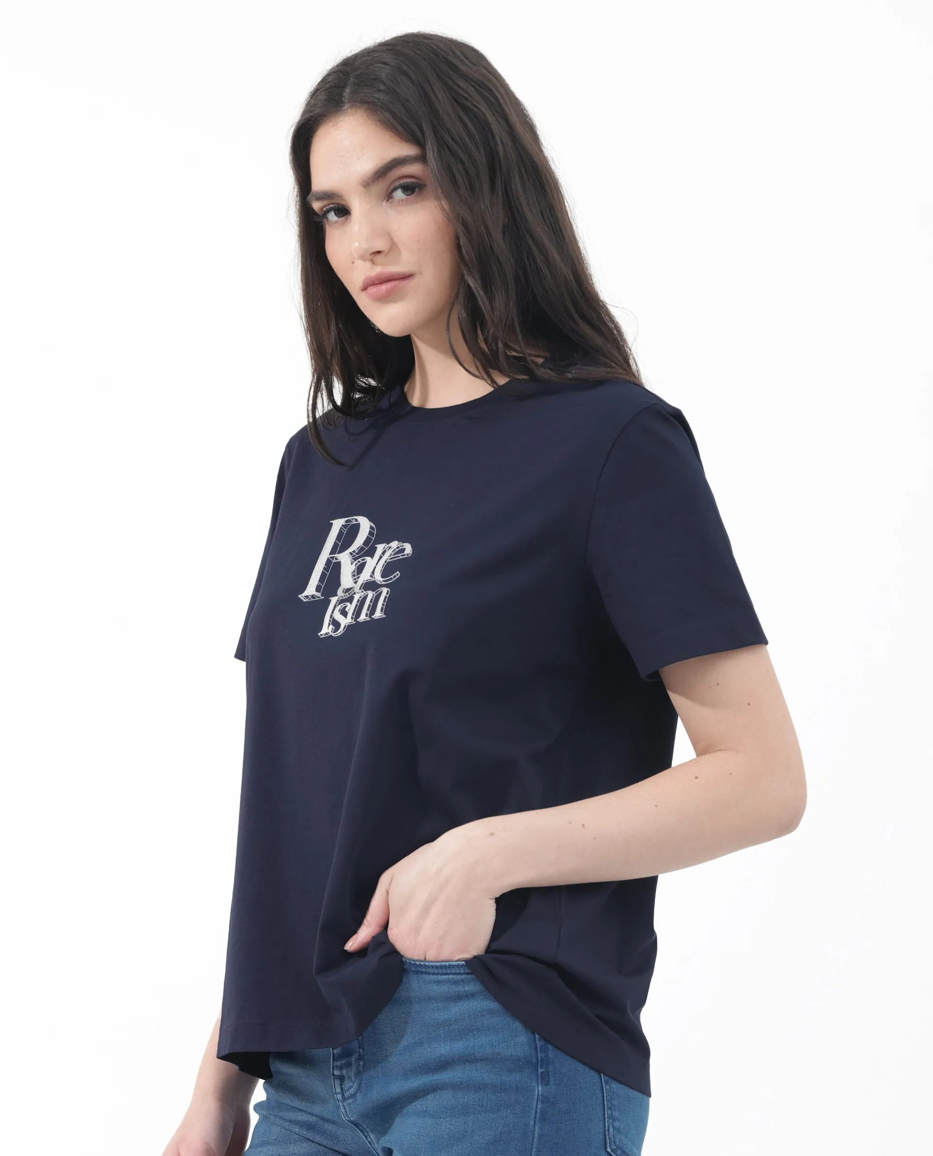 Rareism Women Lany Dark Navy Cotton Elastane Fabric Crew Neck Knit Solid T-Shirt