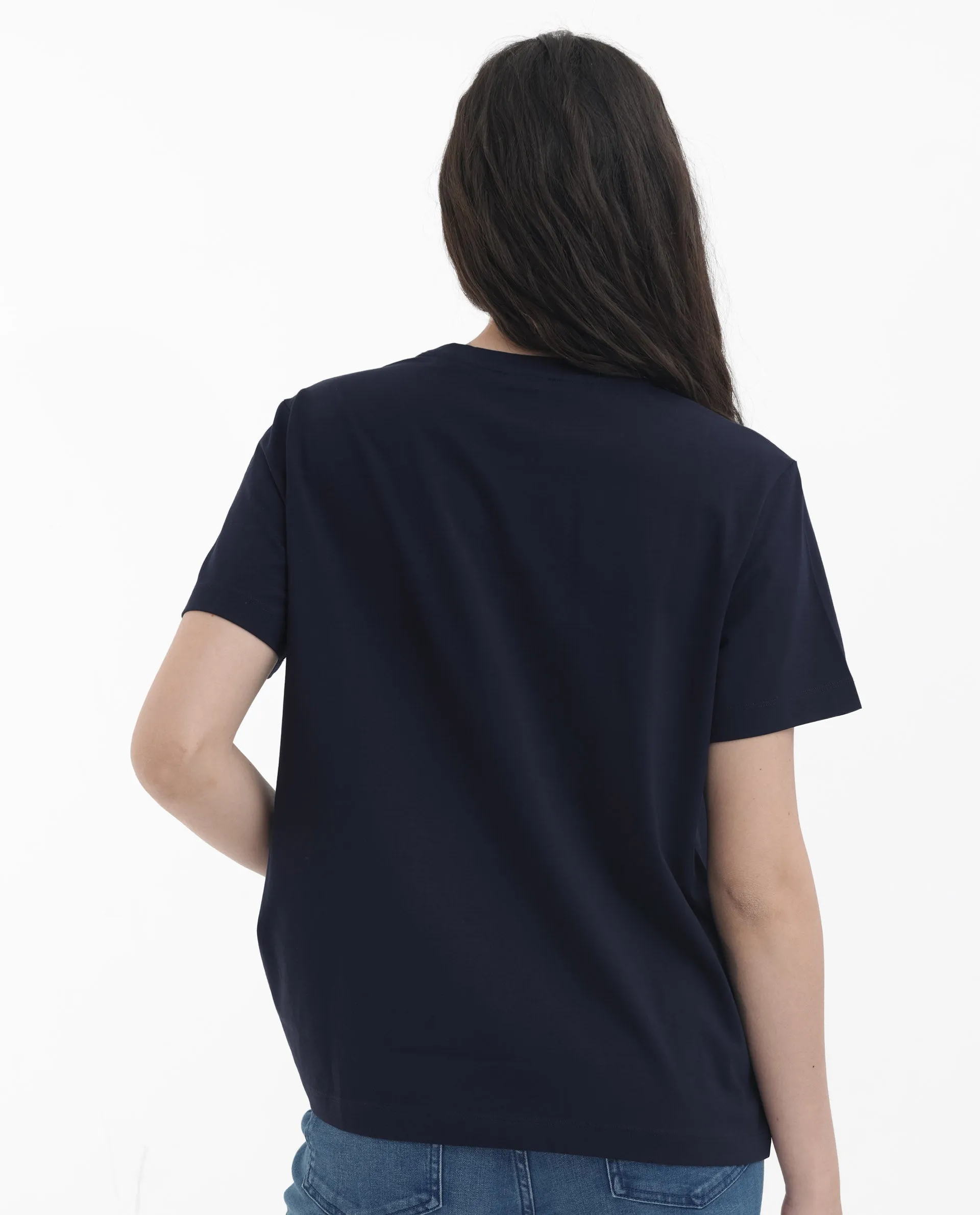 Rareism Women Lany Dark Navy Cotton Elastane Fabric Crew Neck Knit Solid T-Shirt