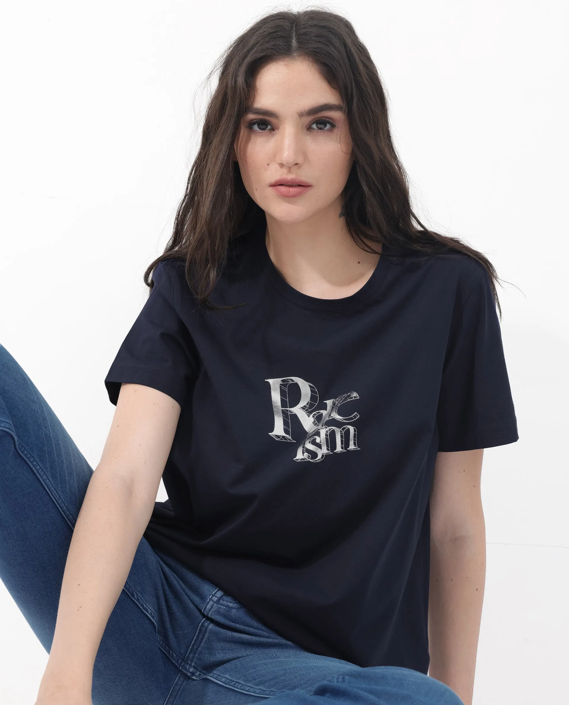 Rareism Women Lany Dark Navy Cotton Elastane Fabric Crew Neck Knit Solid T-Shirt