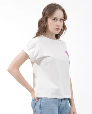 Rareism Women Poctri Off White Cotton Elastane Fabric Crew Neck Knit Solid T-Shirt