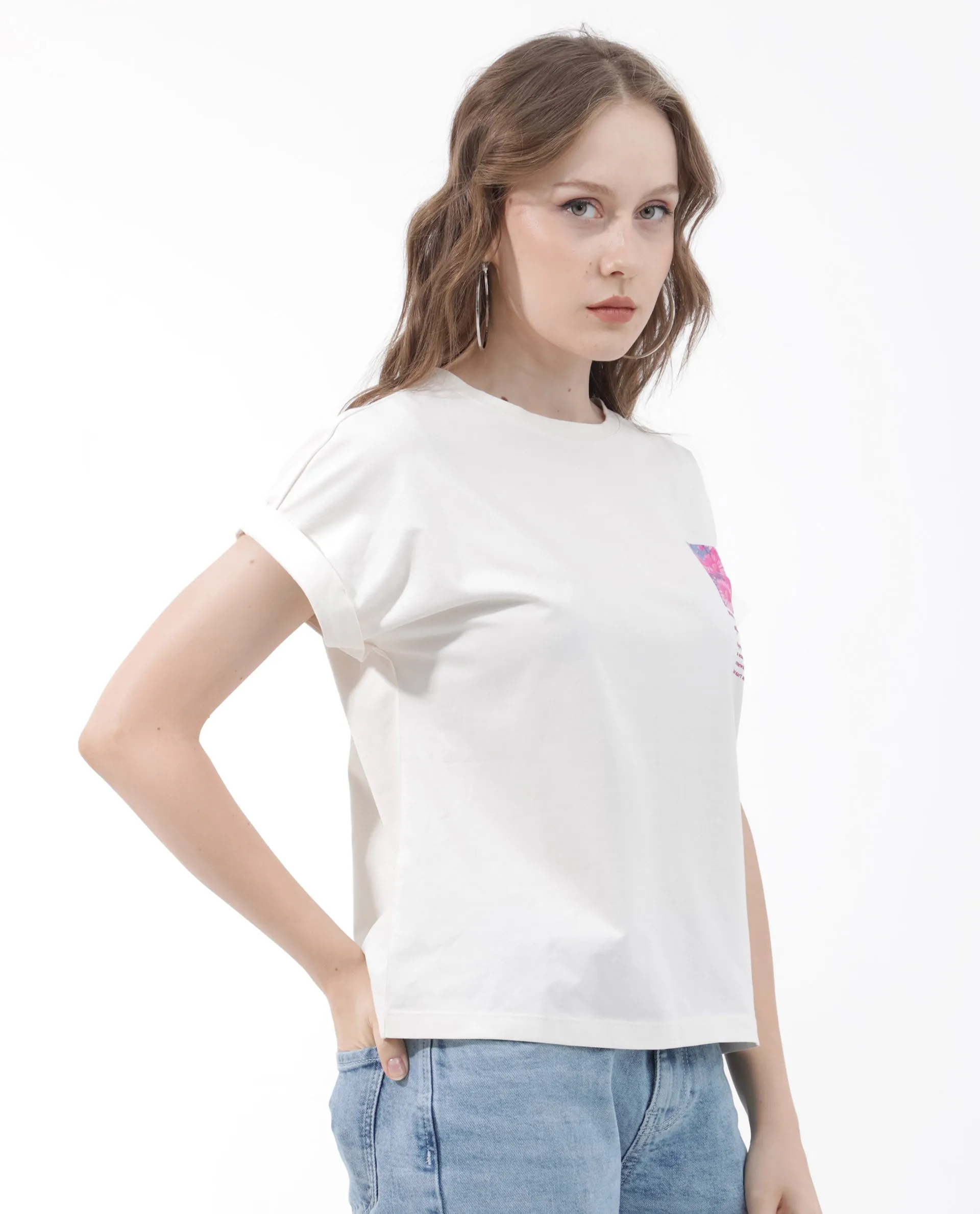 Rareism Women Poctri Off White Cotton Elastane Fabric Crew Neck Knit Solid T-Shirt