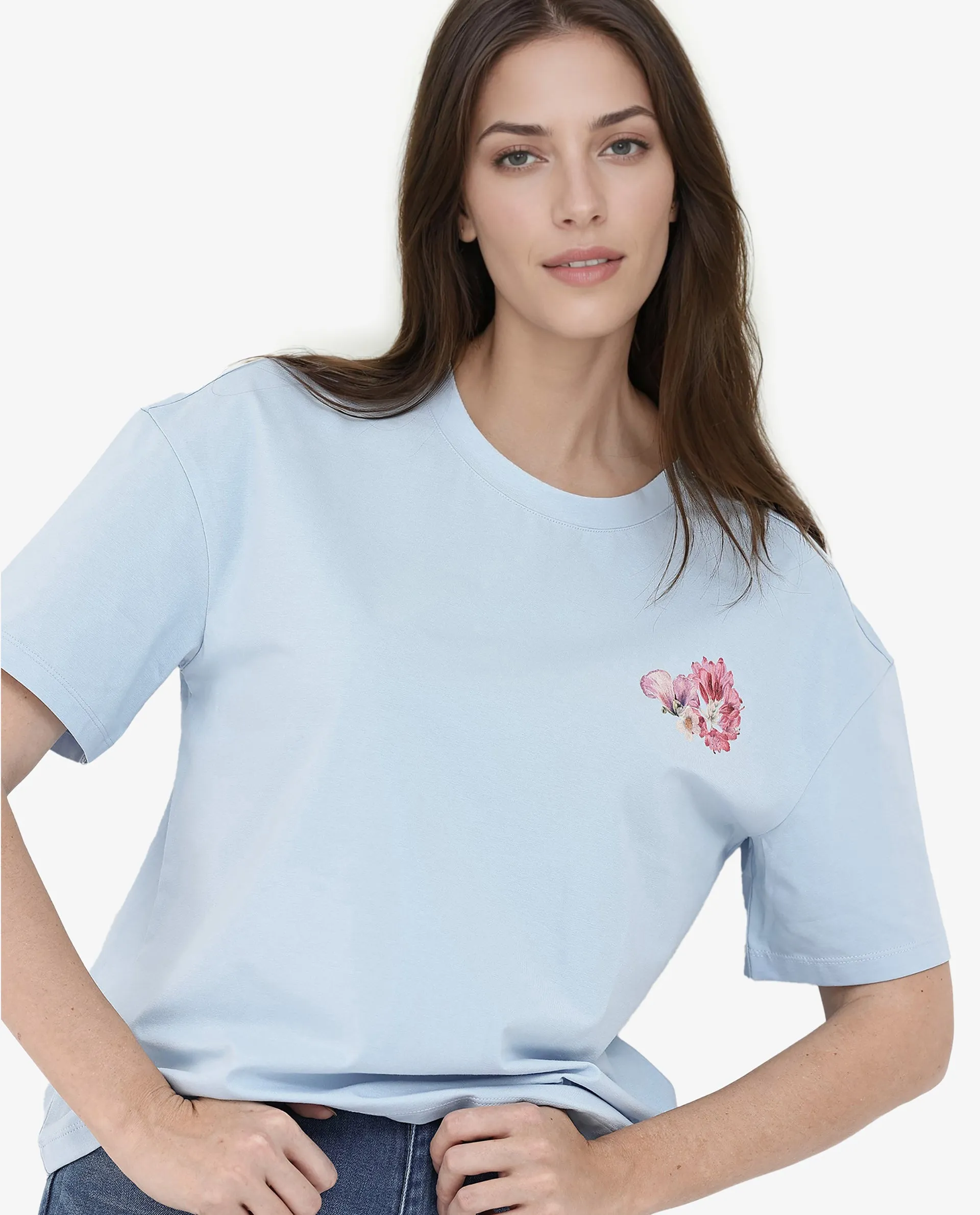 Rareism Women Purpulent Light Blue Cotton Elastane Fabric Crew Neck Knit Solid T-Shirt