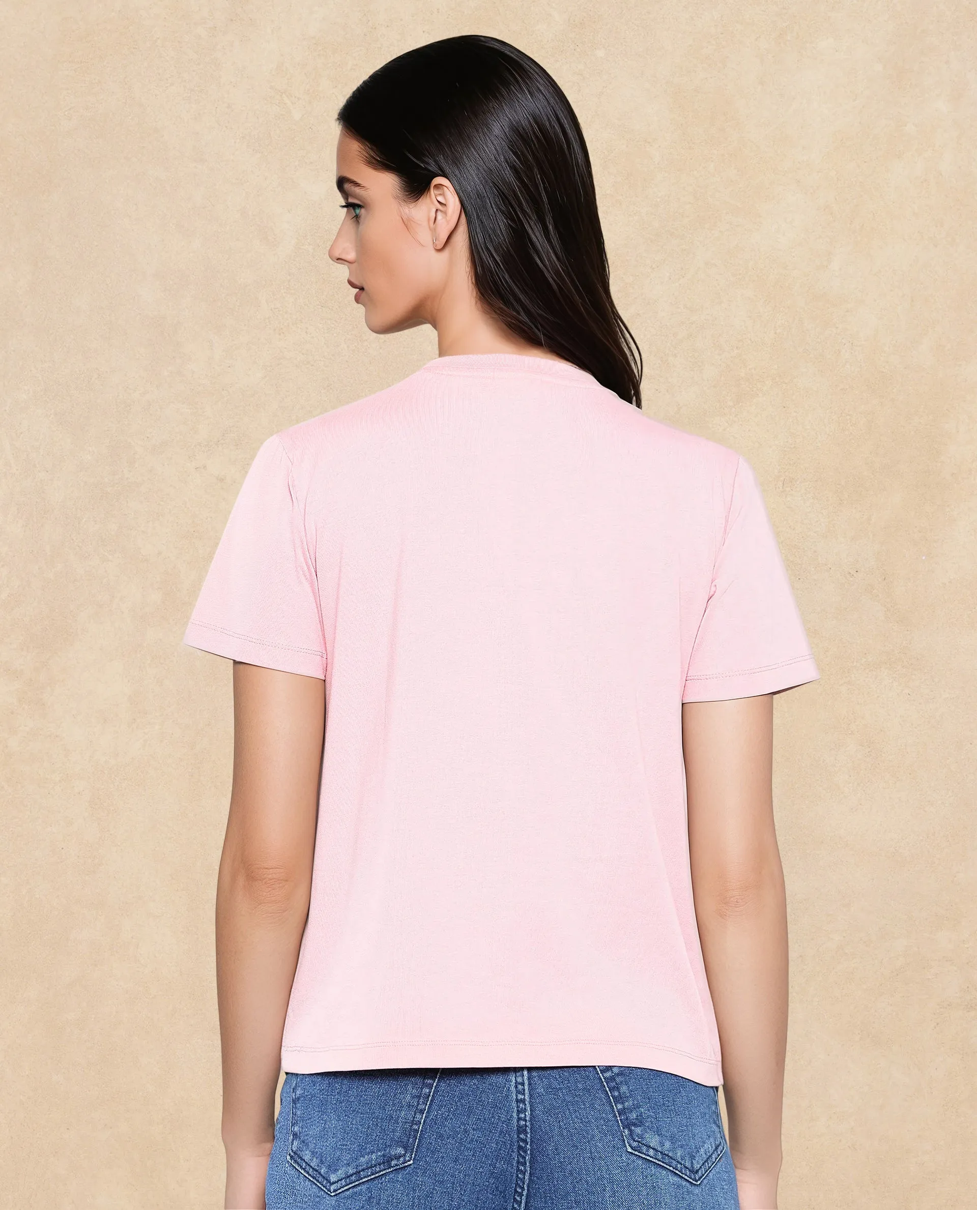 Rareism Women Tigo Light Pink Cotton Lycra Fabric Short Sleeve Crew Neck Plain T-Shirt