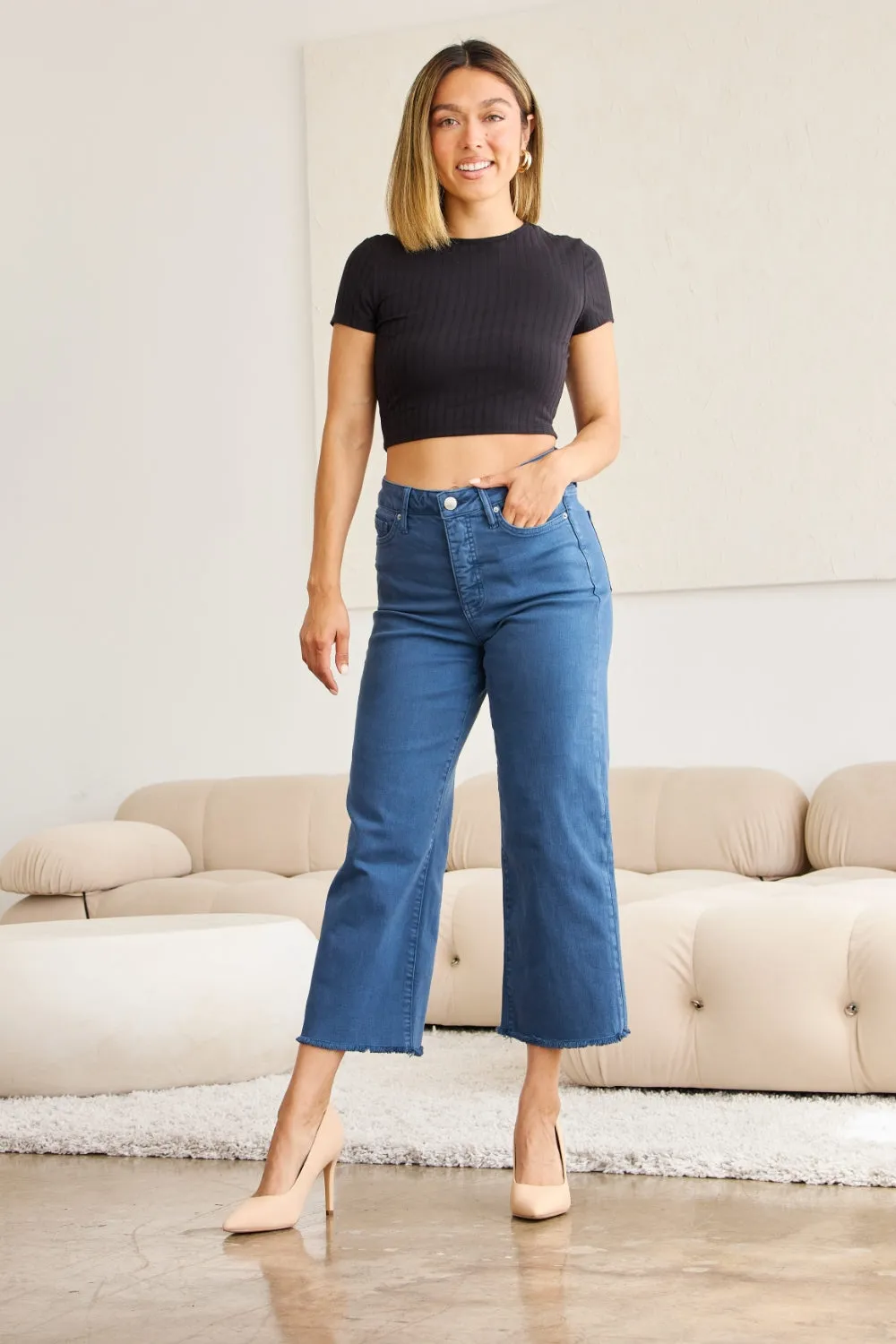 RFM Tummy Control High Waist Raw Hem Cropped Jeans - Blue Slate