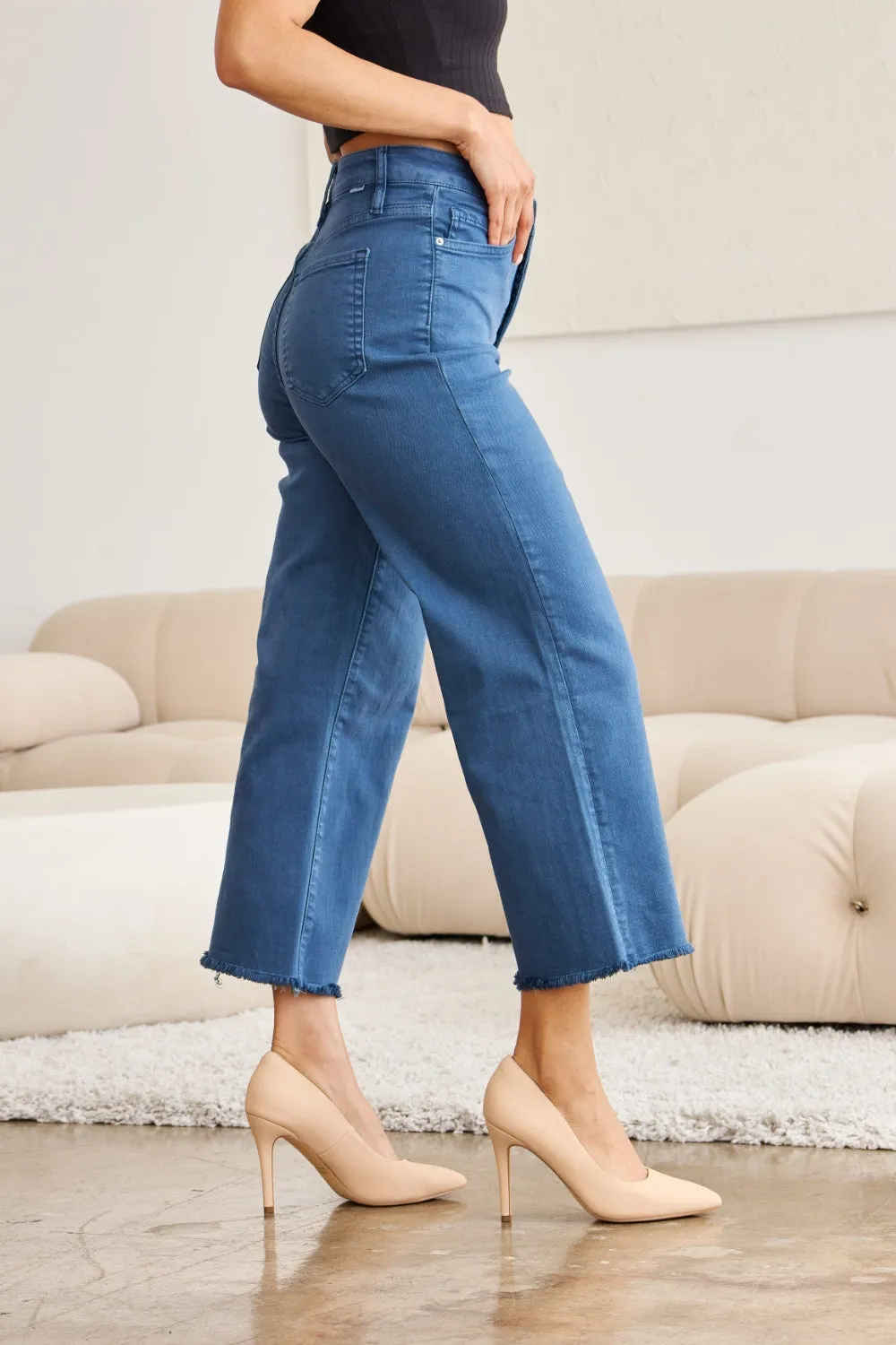 RFM Tummy Control High Waist Raw Hem Cropped Jeans - Blue Slate