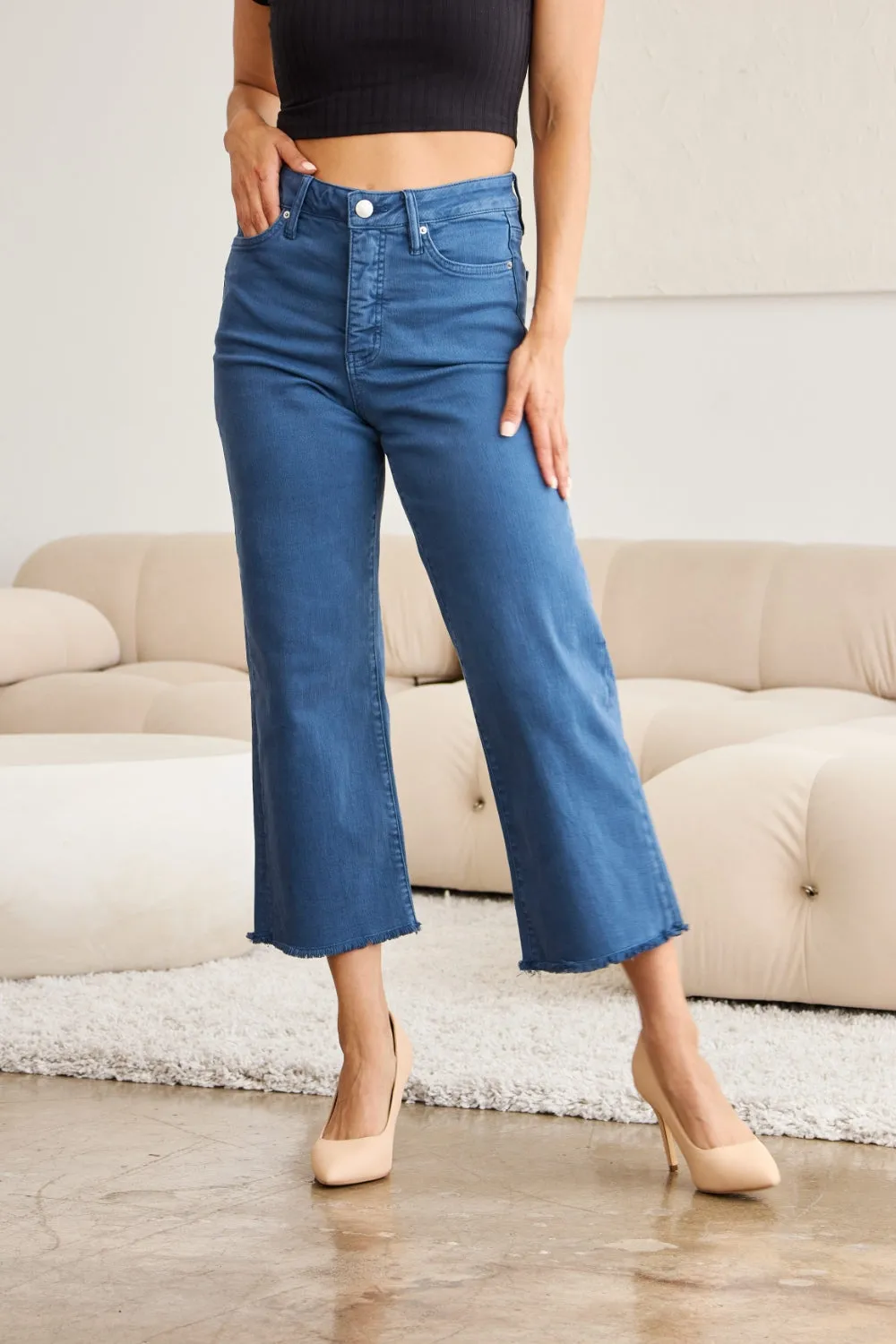 RFM Tummy Control High Waist Raw Hem Cropped Jeans - Blue Slate