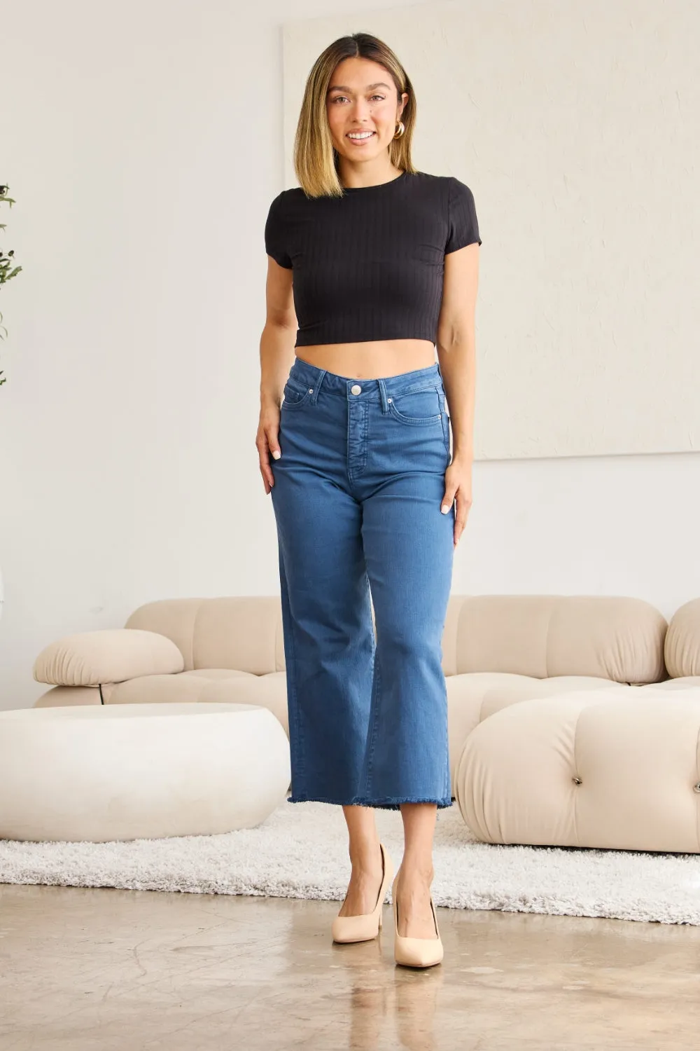 RFM Tummy Control High Waist Raw Hem Cropped Jeans - Blue Slate