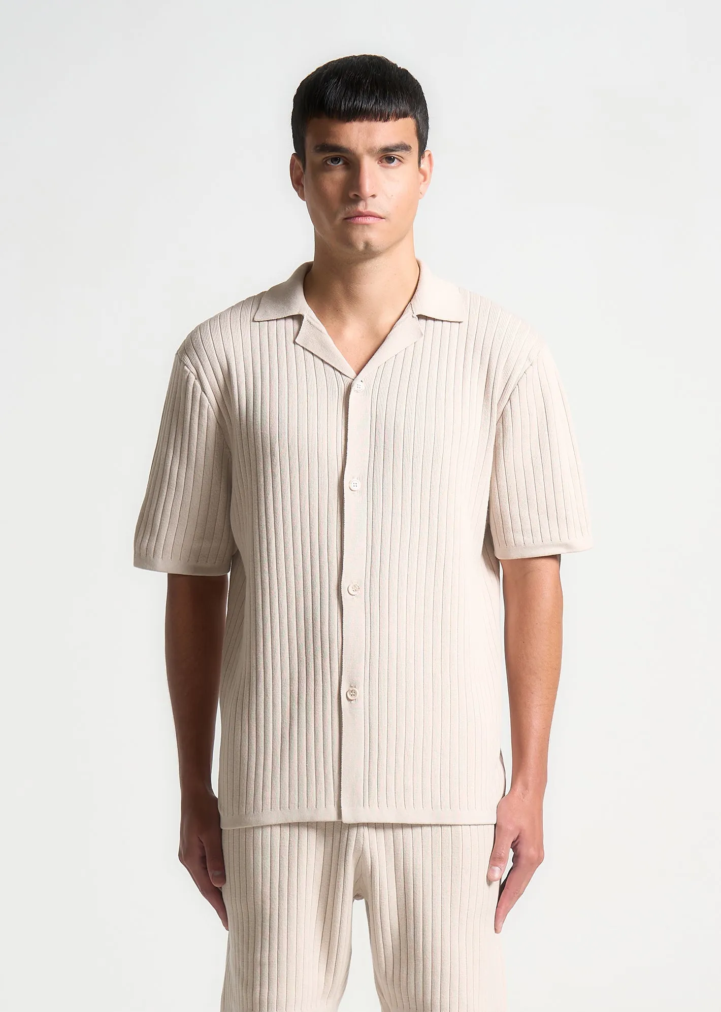 Ribbed Knit Revere Shirt - Cream