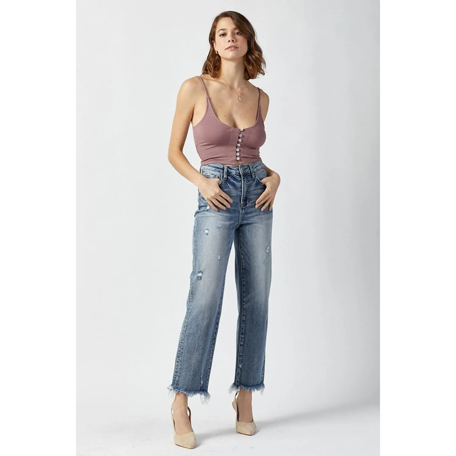 RISEN High Waist Raw Hem Straight Jeans