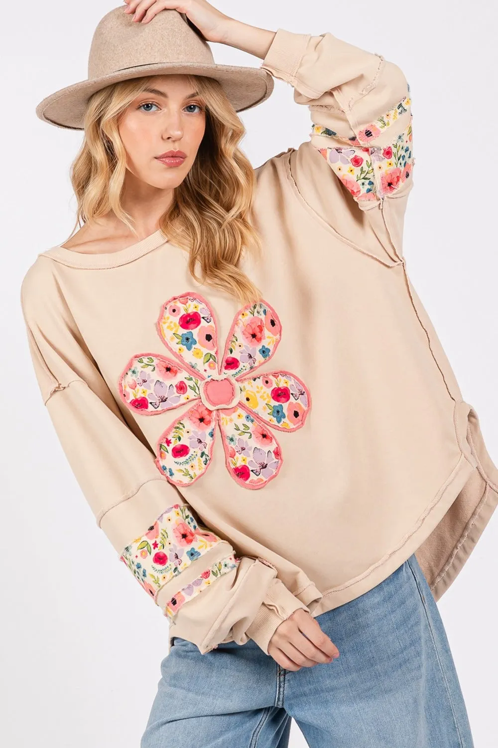 SAGE   FIG Daisy Patch Applique Long Sleeve Sweatshirt