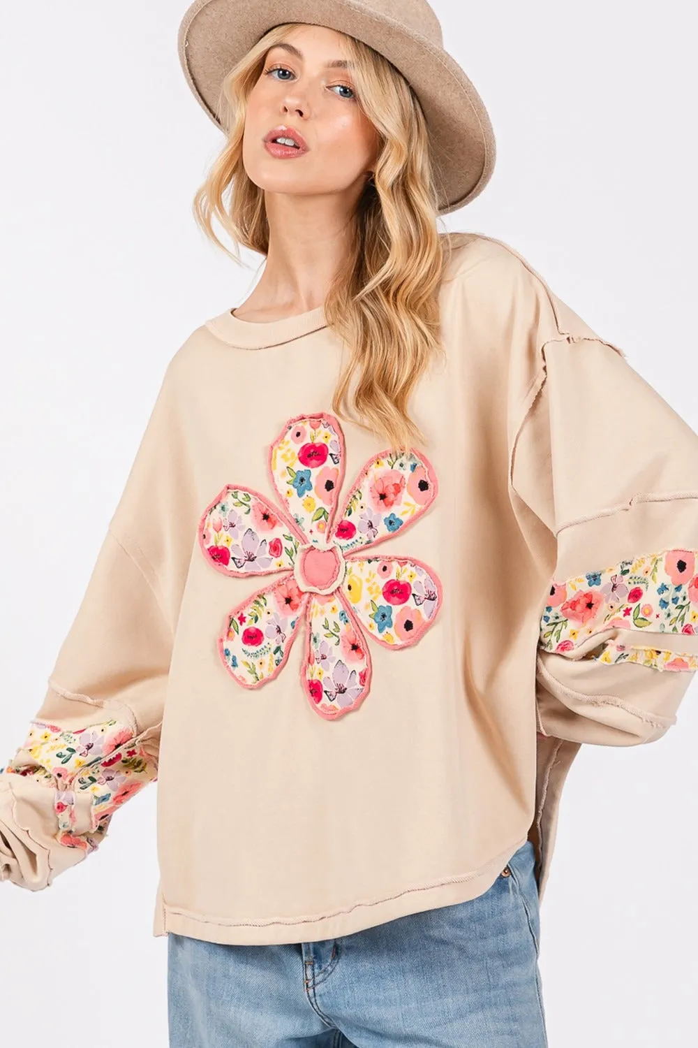 SAGE   FIG Daisy Patch Applique Long Sleeve Sweatshirt