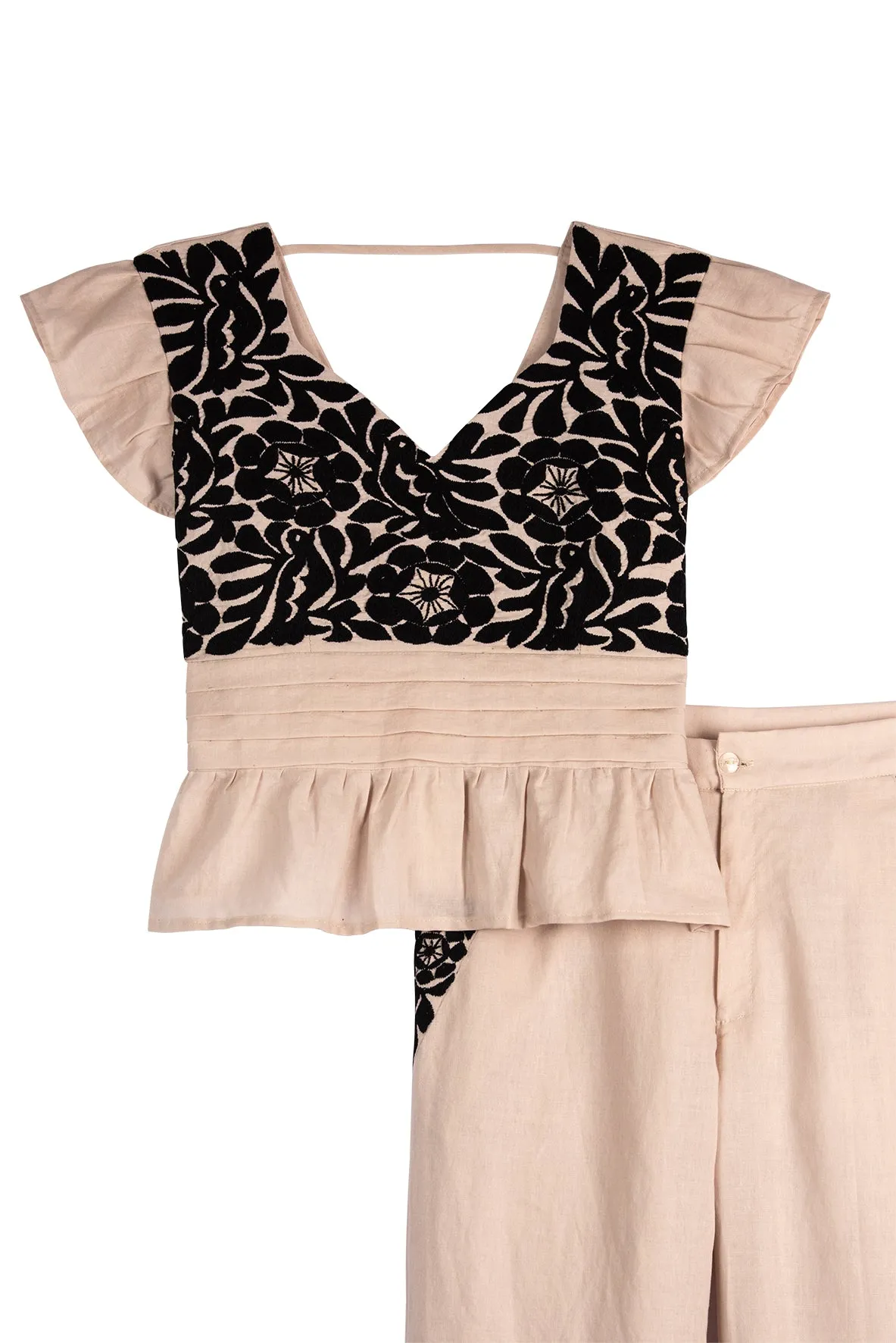 SALE - Gardenia Collection Embroidered Blouse & Pant Set from Mexico- Neutral and Black