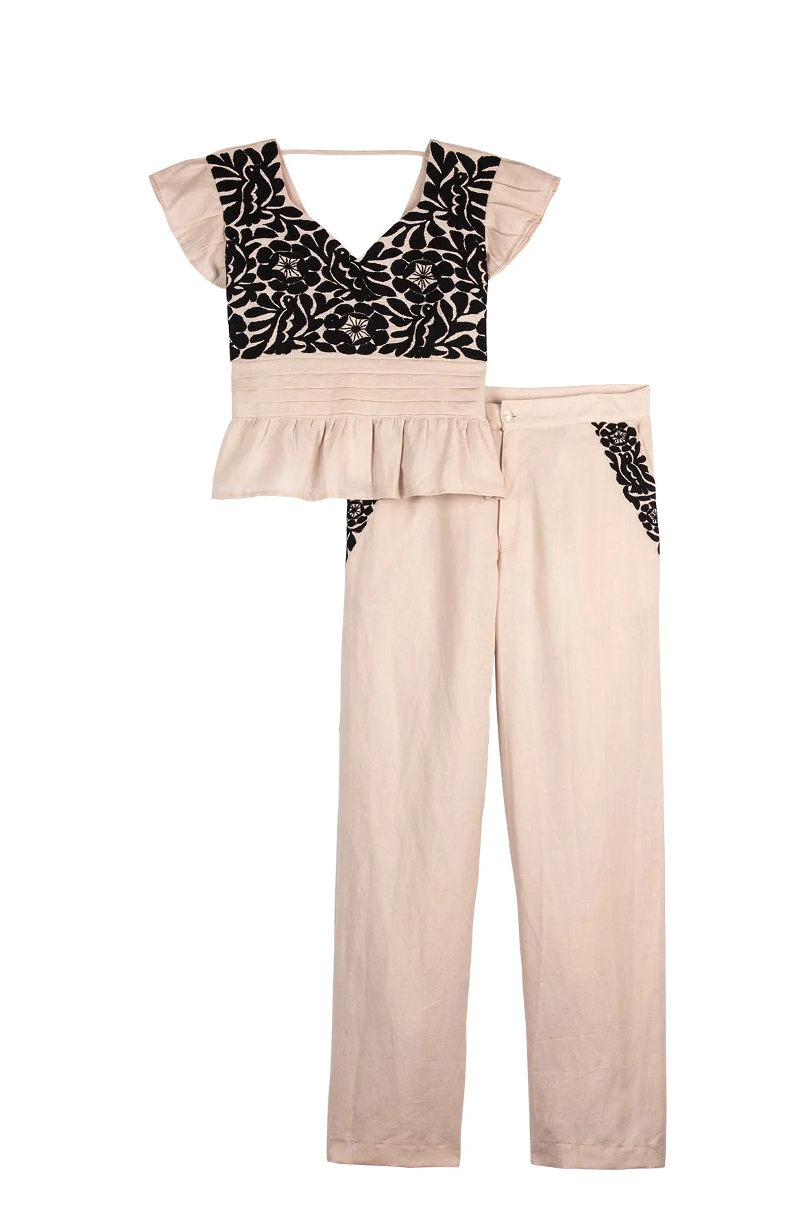 SALE - Gardenia Collection Embroidered Blouse & Pant Set from Mexico- Neutral and Black