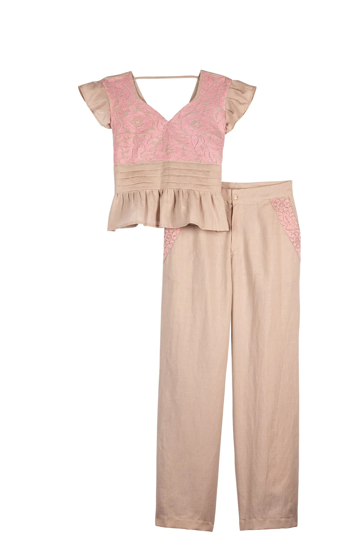 SALE - Gardenia Collection Embroidered Blouse & Pant Set from Mexico- Neutral and Light Pink