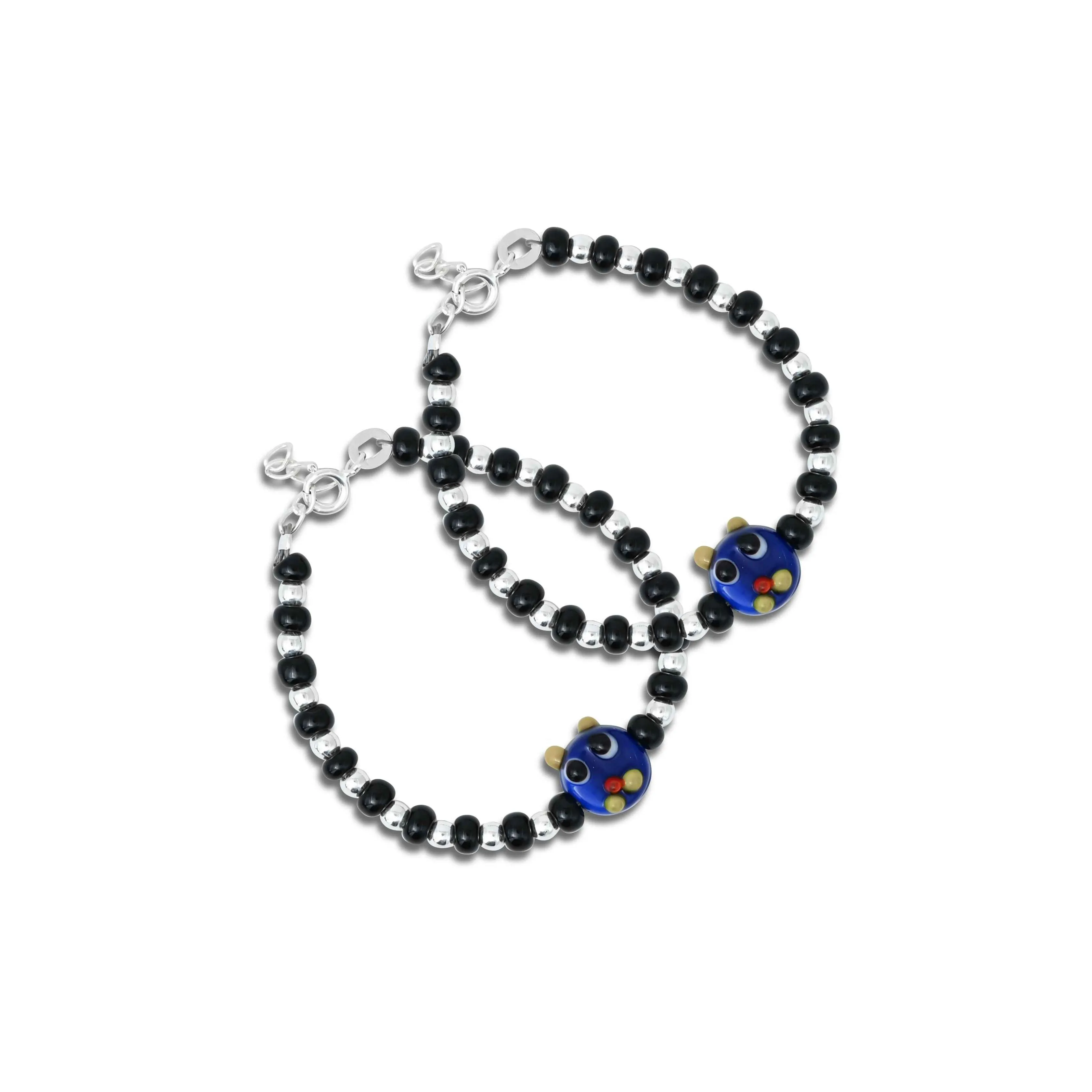 Silver Black and Silver Beads with Blue Teddy Bear Design Bracelet