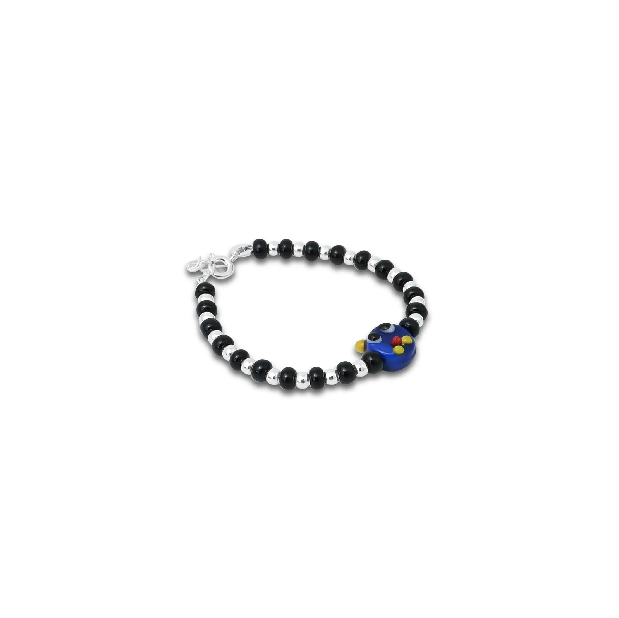 Silver Black and Silver Beads with Blue Teddy Bear Design Bracelet