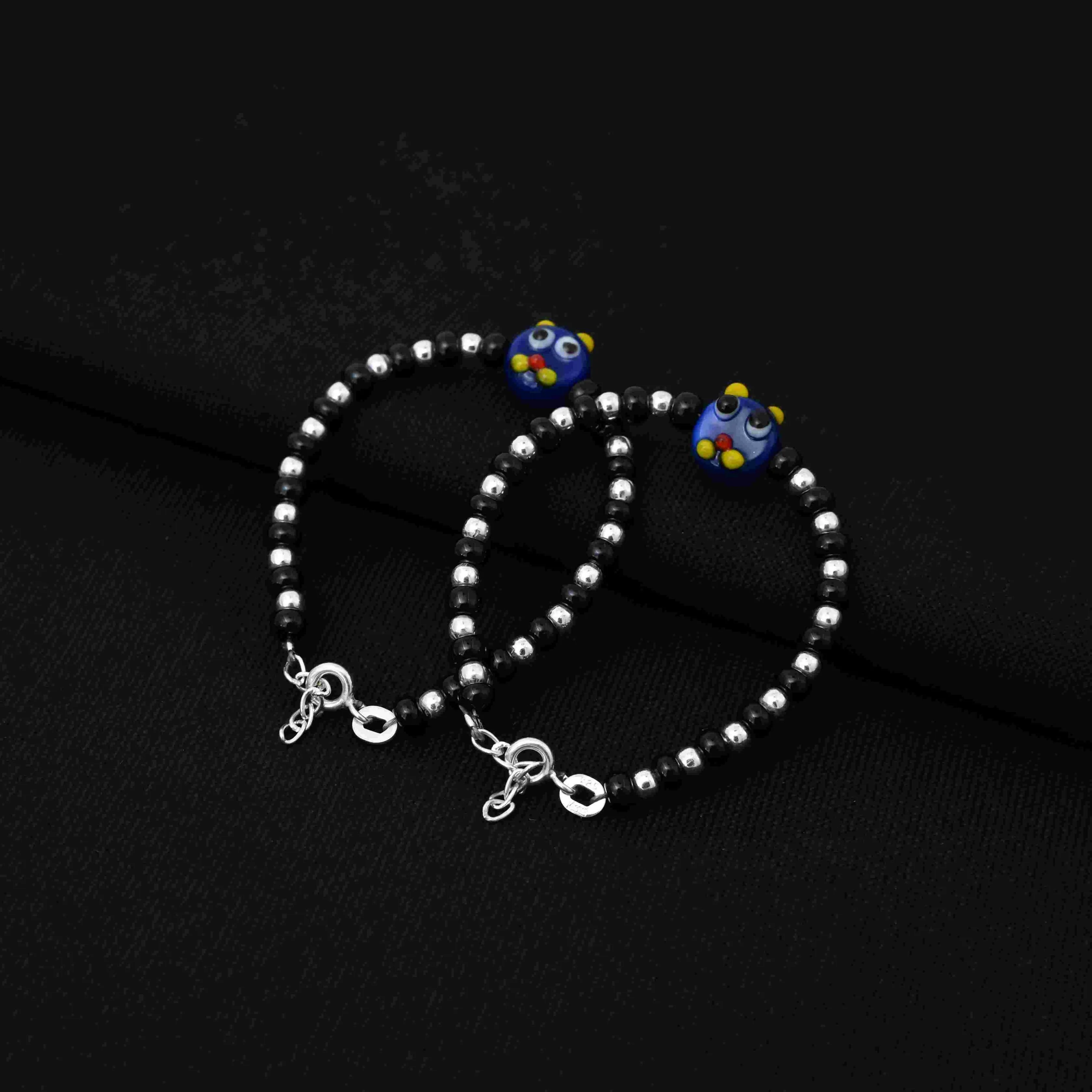 Silver Black and Silver Beads with Blue Teddy Bear Design Bracelet