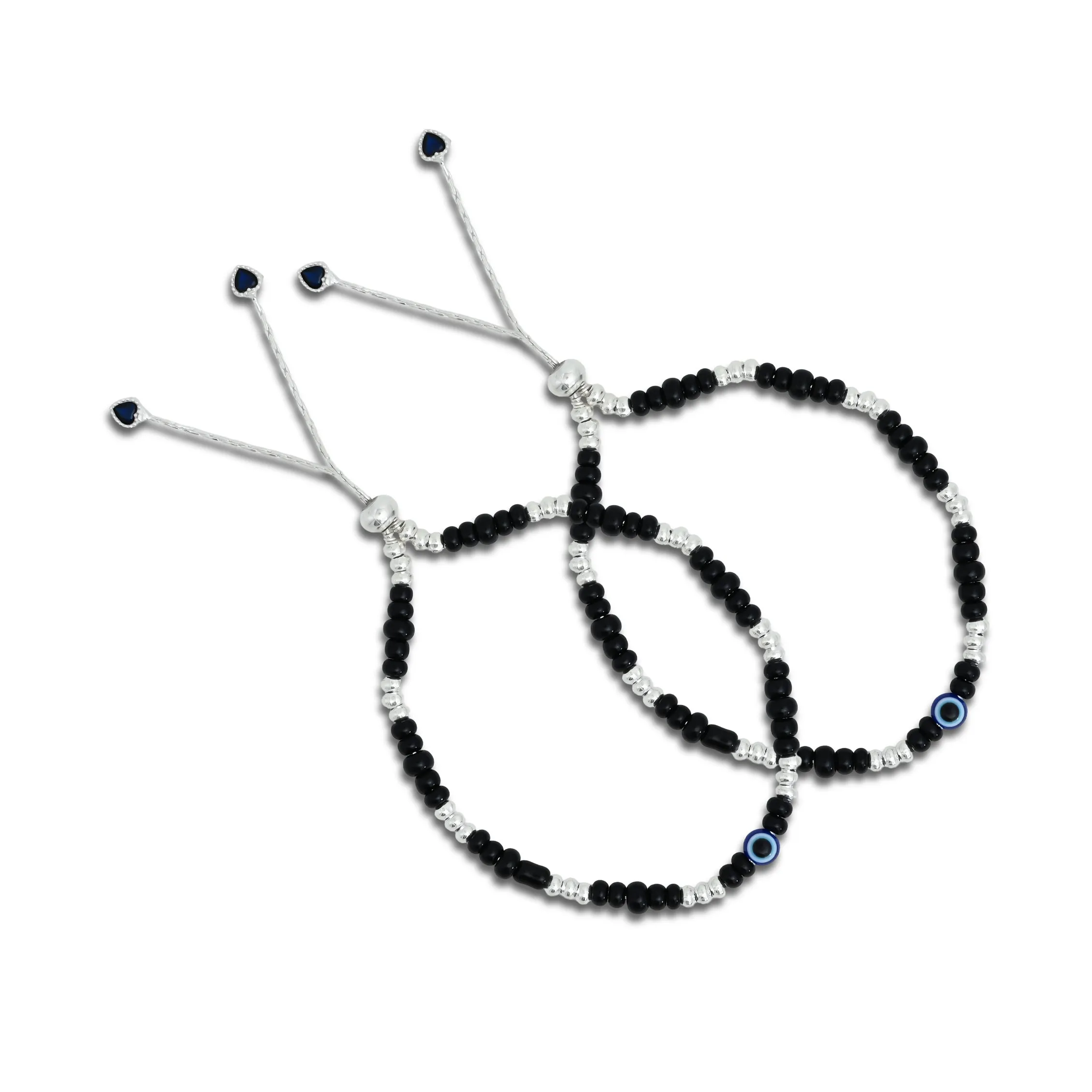 Silver Center Blue Evil Eye with Silver and Black Beads Dhaga Payal for Girls