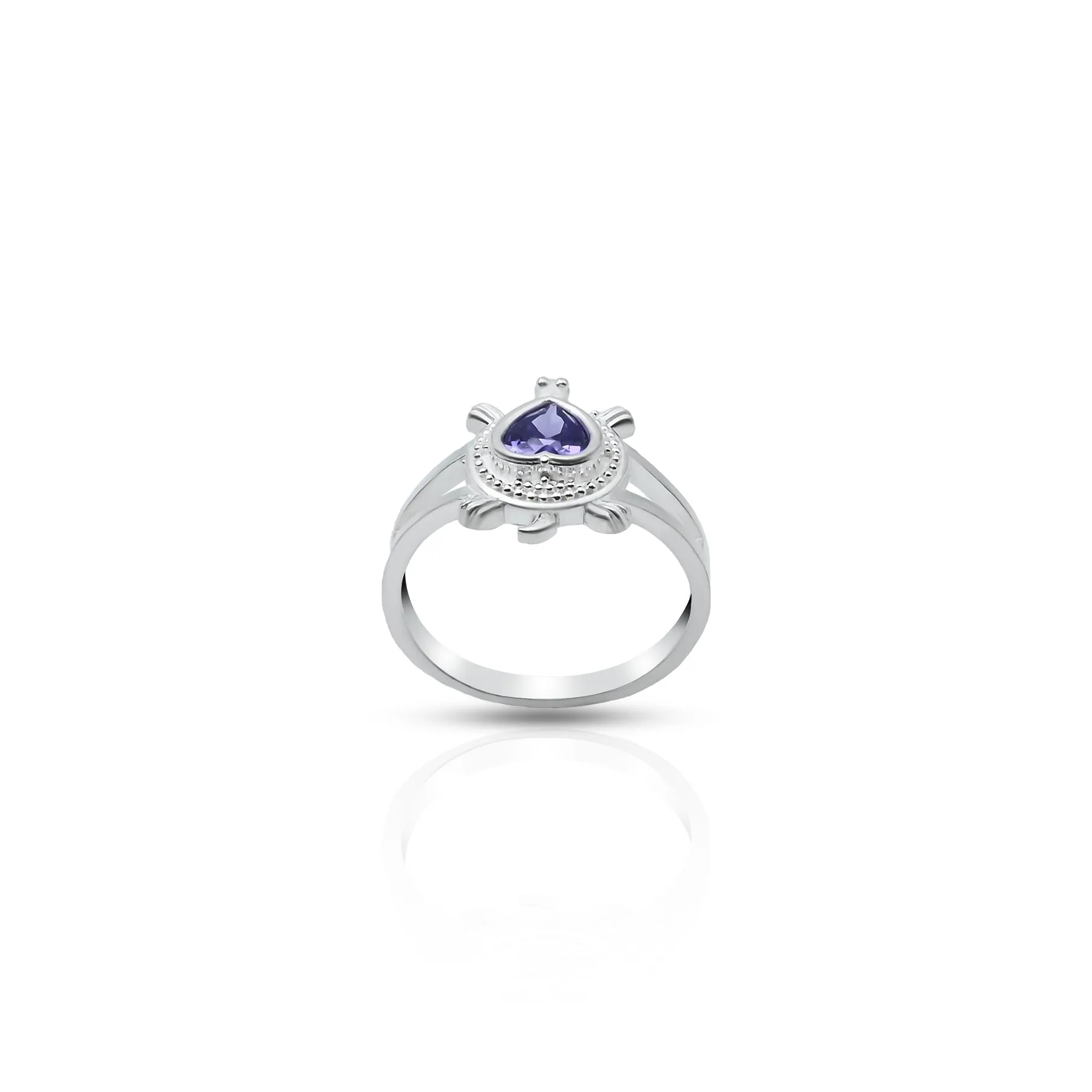 Silver Center Purple Heart Shape Gem Stone with Turtle Design Ring for Girls