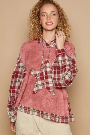 Star Patch Plaid Long Sleeve Hooded Top