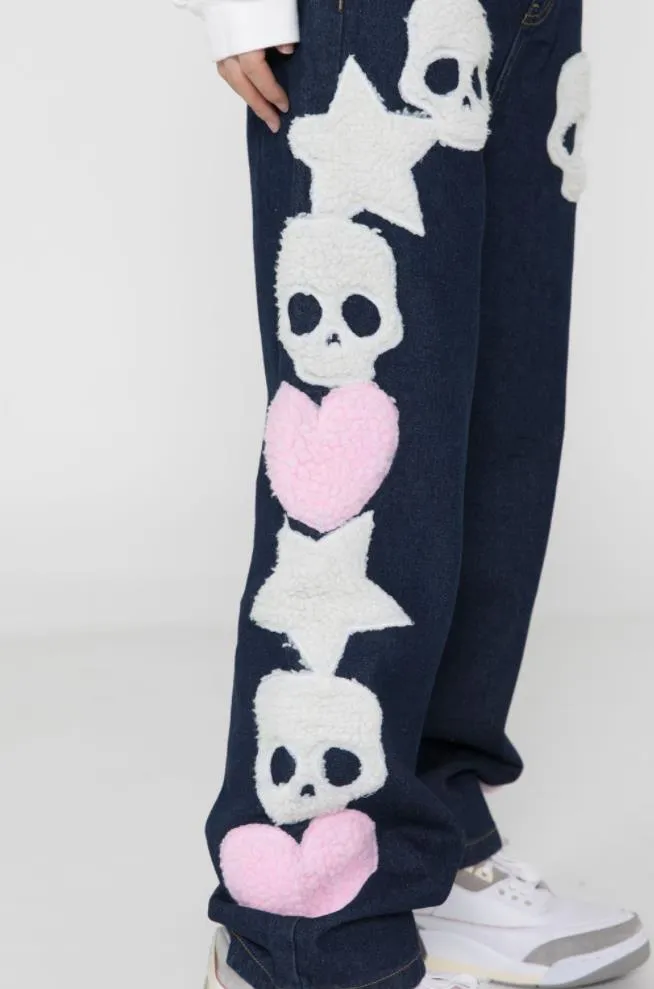 Star Skull Patchwork Straight Jeans