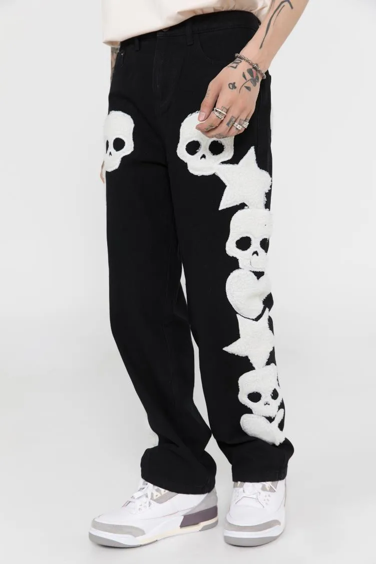 Star Skull Patchwork Straight Jeans