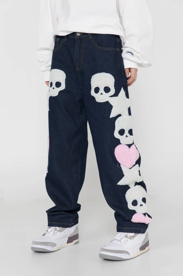 Star Skull Patchwork Straight Jeans