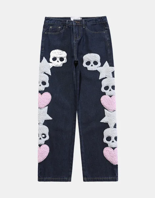 Star Skull Patchwork Straight Jeans