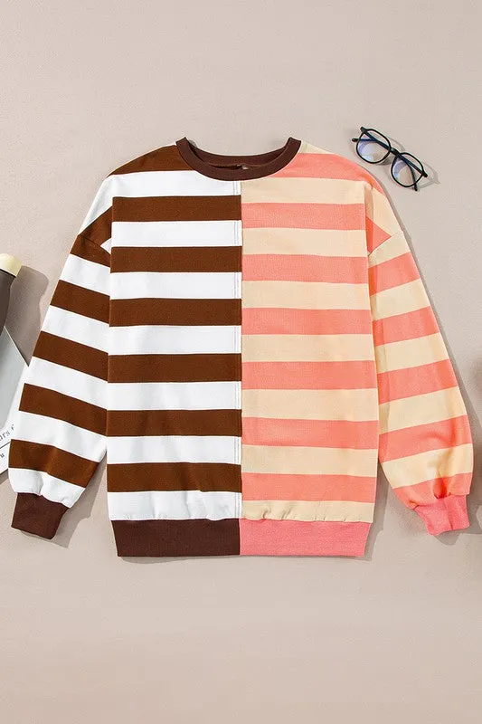 Stripe Color Block Shoulder Pullover Sweatshirt