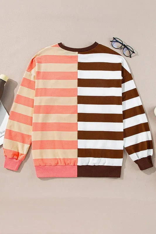 Stripe Color Block Shoulder Pullover Sweatshirt