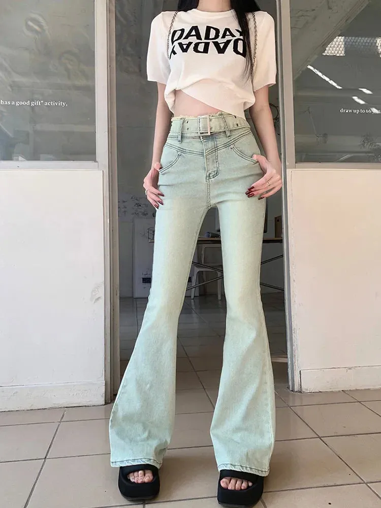 Vintage Belted Flare Women 2024 Fashion Y2k Streetwear High Waist Slim Denim Jeans