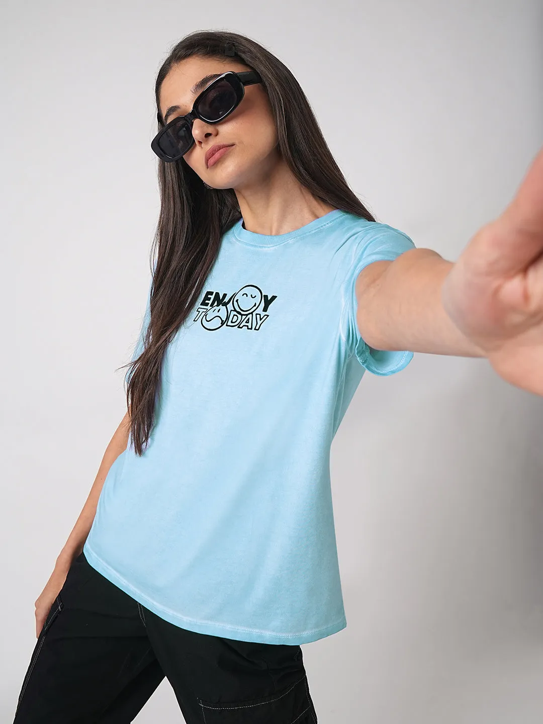 Women Chest Printed Sky Cold Dye Boxy T-Shirt