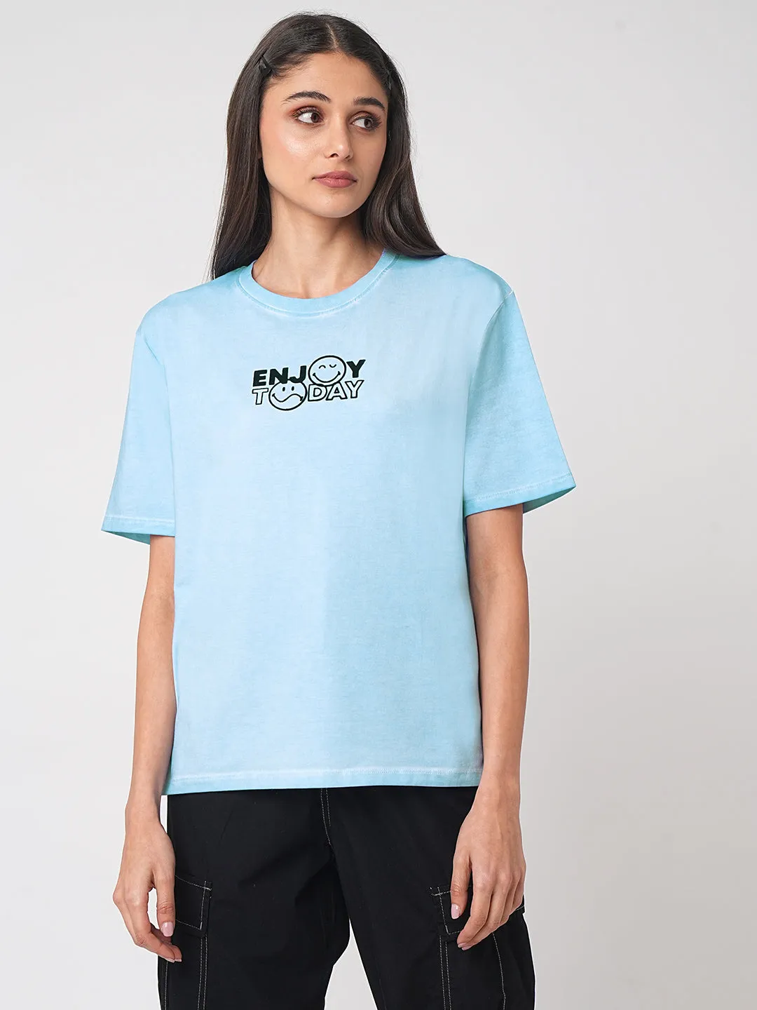 Women Chest Printed Sky Cold Dye Boxy T-Shirt