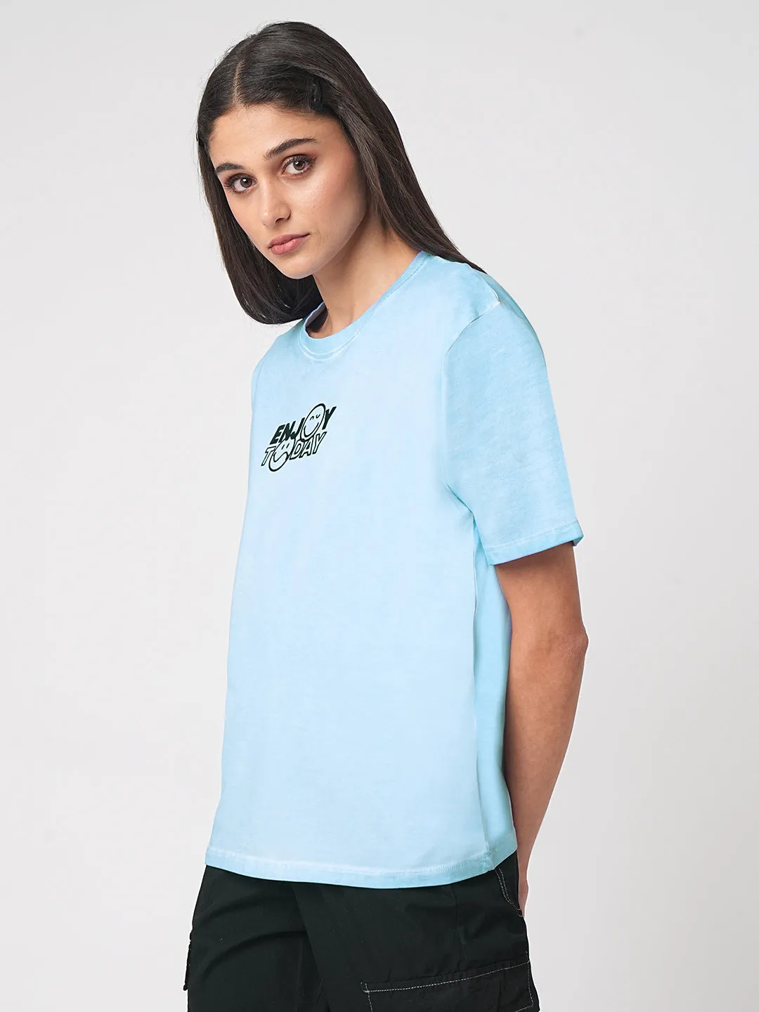 Women Chest Printed Sky Cold Dye Boxy T-Shirt