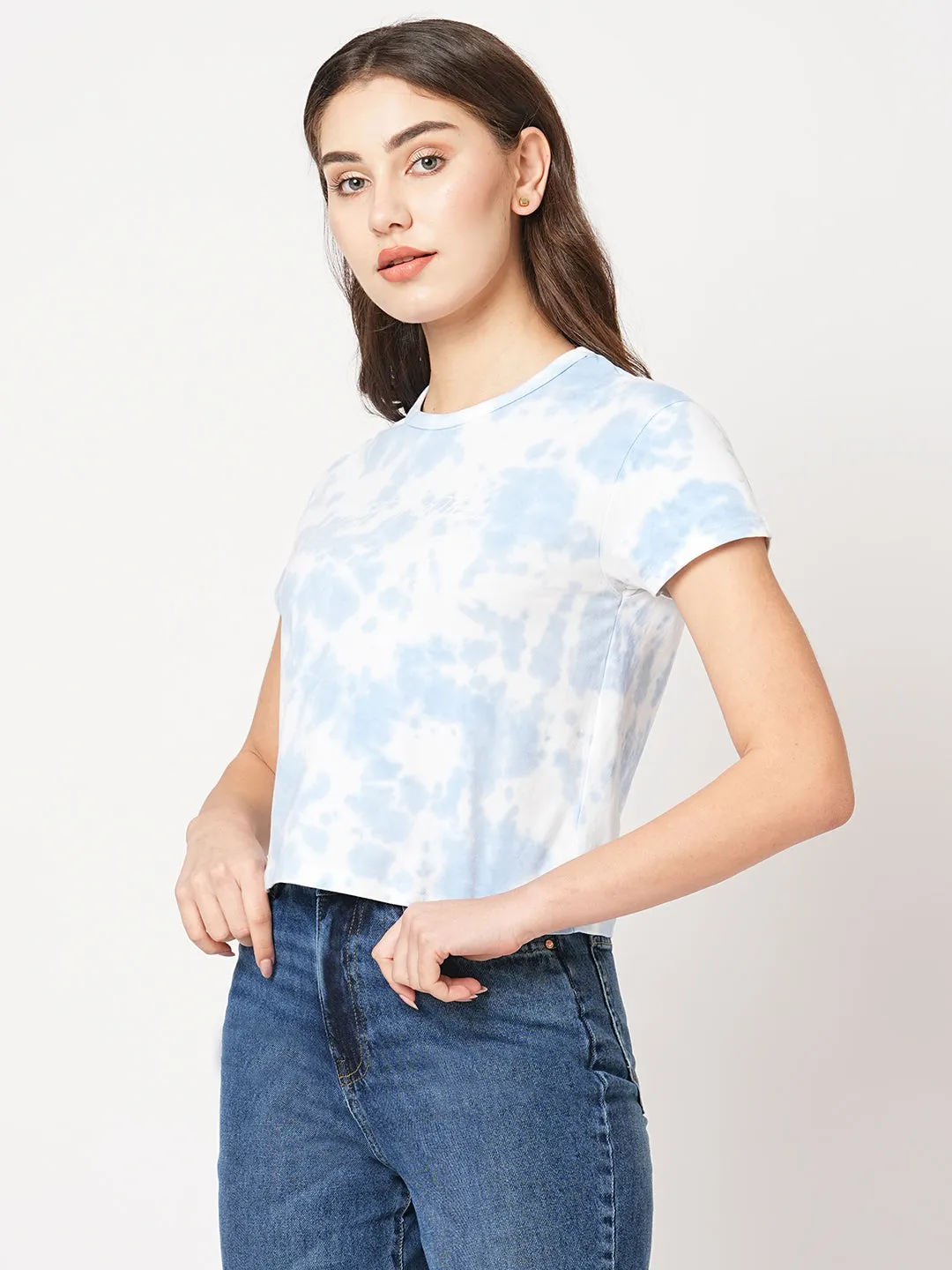 Women Crop Sky Tie Dye Chest Print T-Shirt