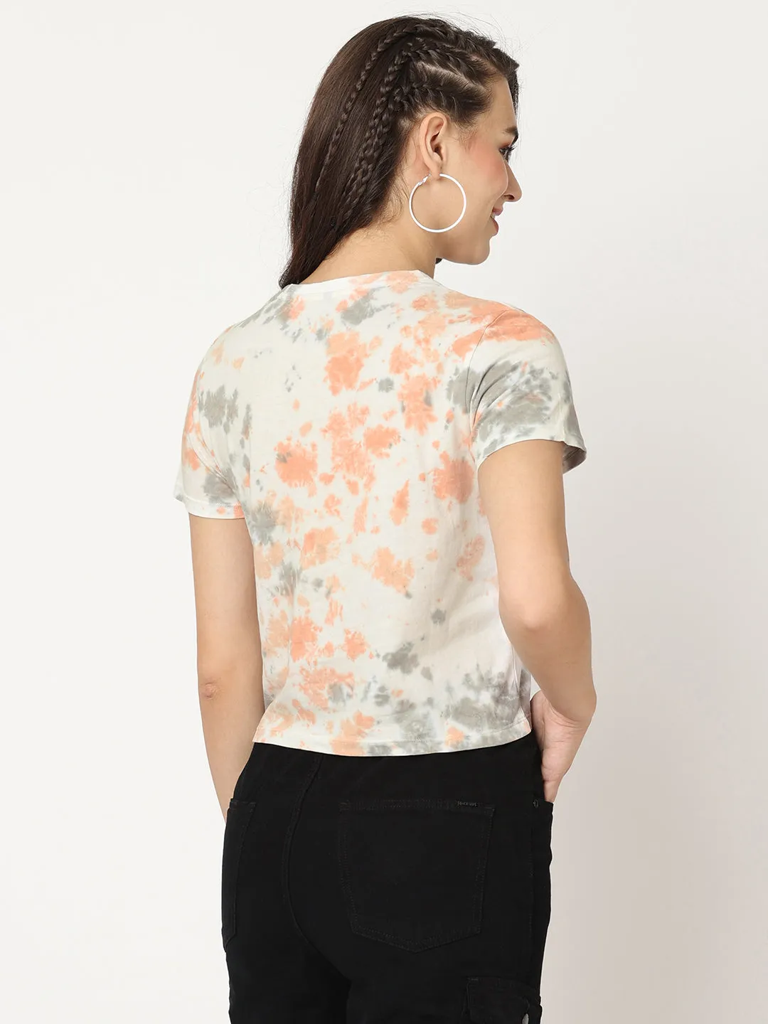 Women Slim Fit Grey-Peach Tie & Dye Athleisure T-Shirt