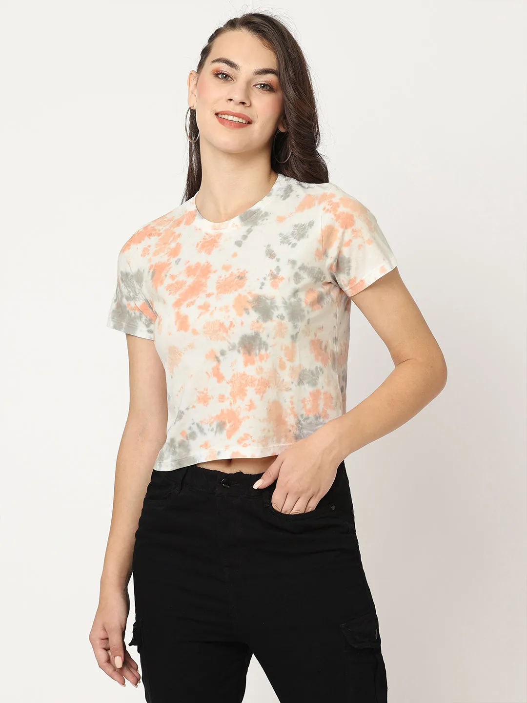 Women Slim Fit Grey-Peach Tie & Dye Athleisure T-Shirt