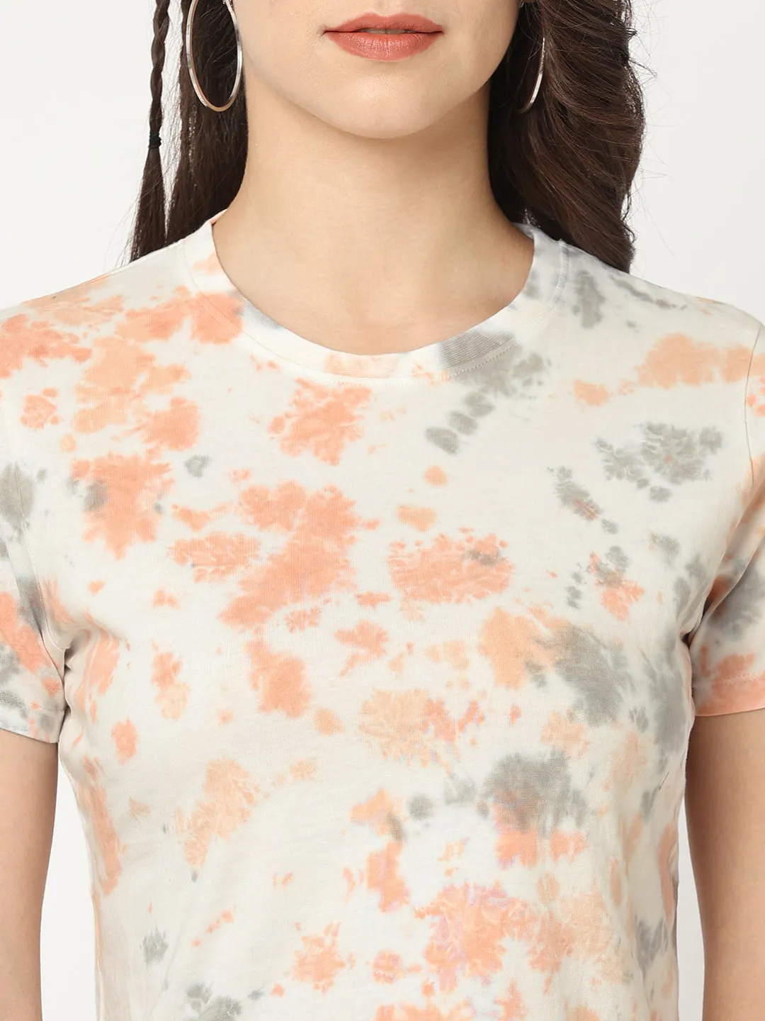 Women Slim Fit Grey-Peach Tie & Dye Athleisure T-Shirt